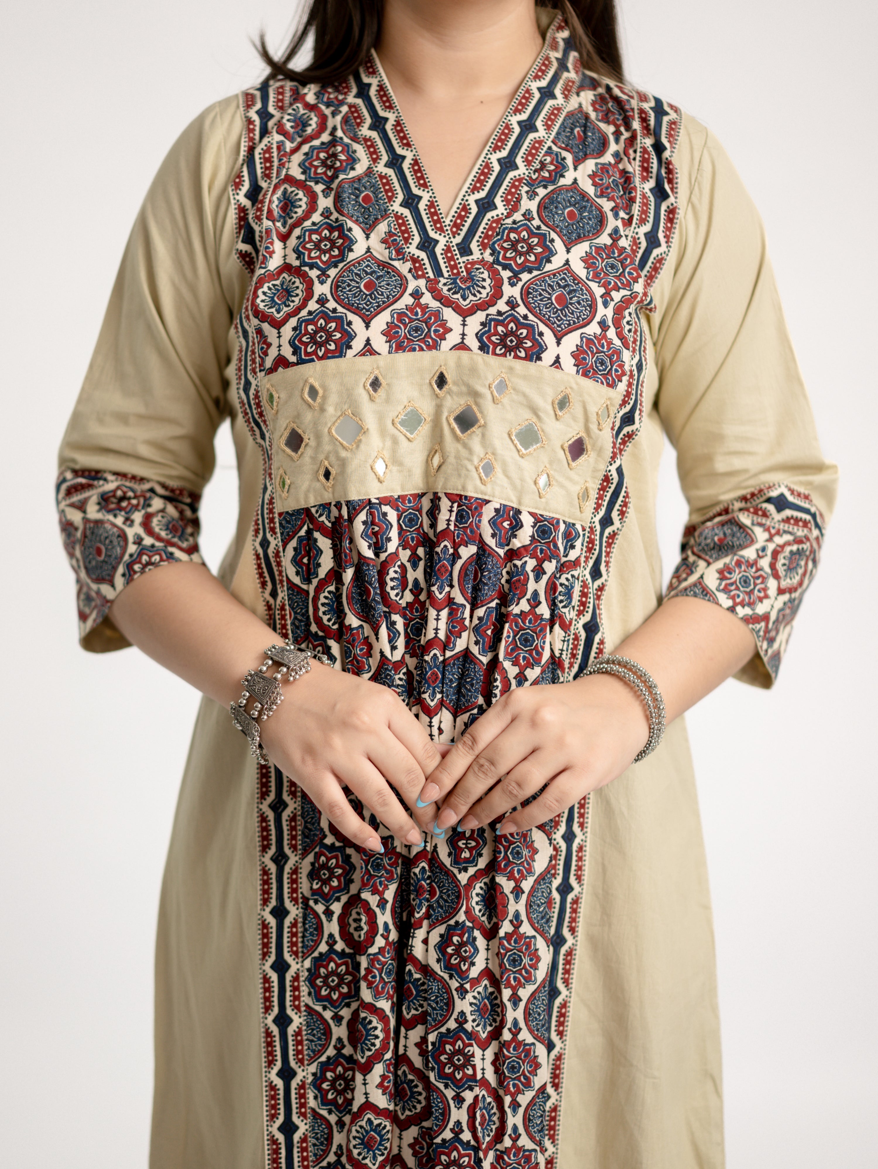 Diya Sand Beige Cotton Ajrakh Kutch Embroidered A-line Kurta