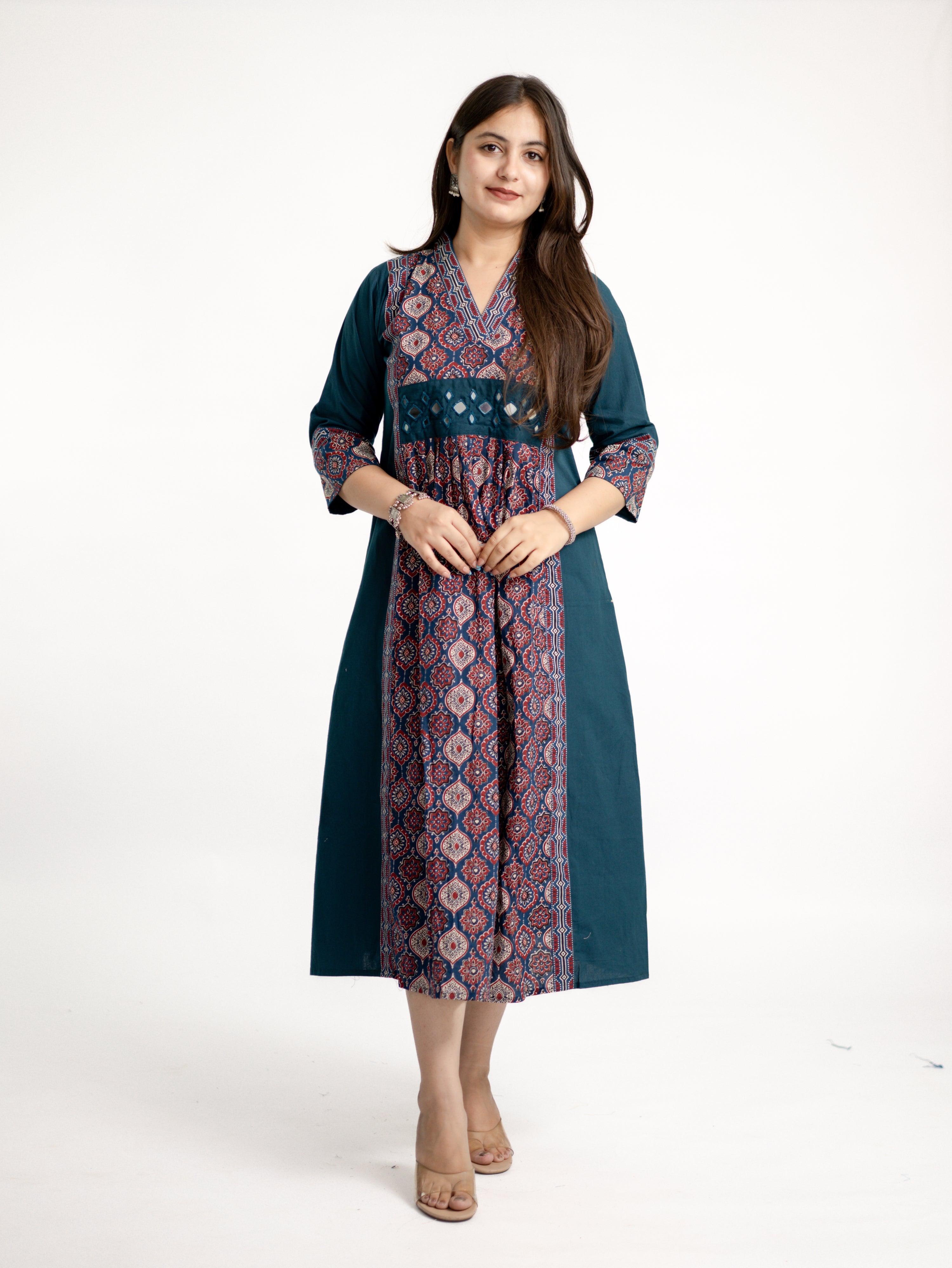 Diya Blue Cotton Ajrakh Kutch Embroidered A-line Kurta