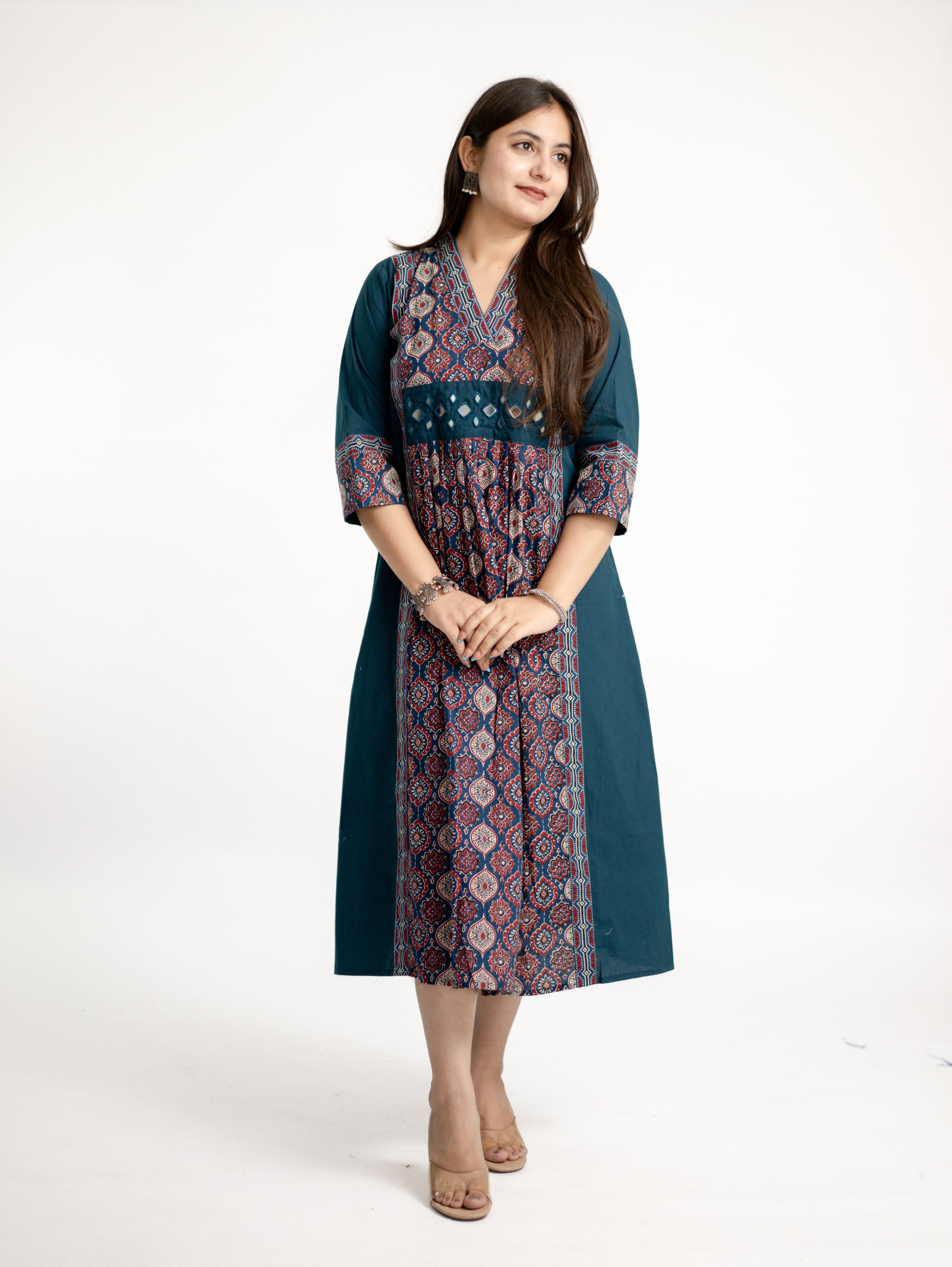 Diya Blue Cotton Ajrakh Kutch Embroidered A-line Kurta