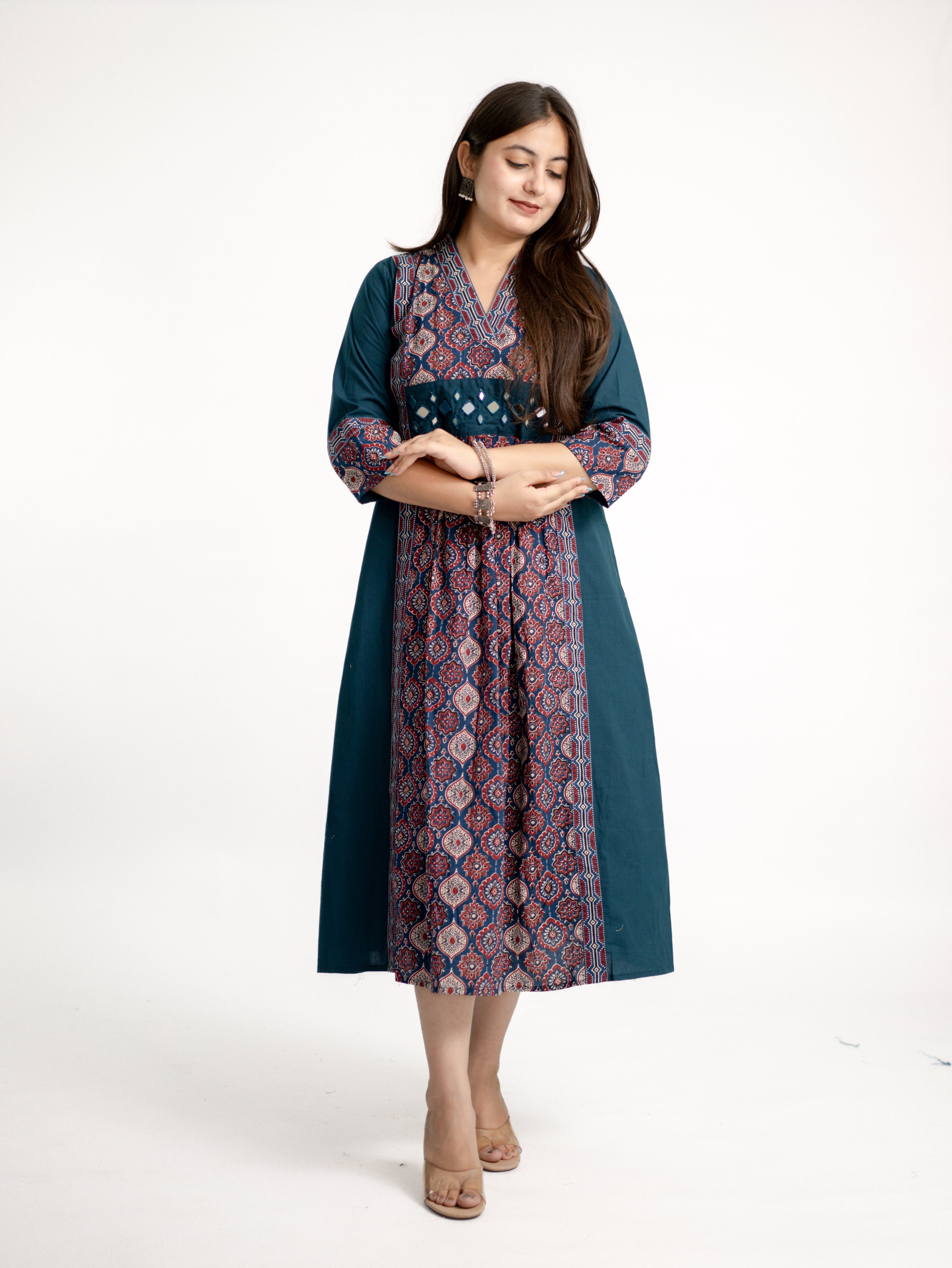 Diya Blue Cotton Ajrakh Kutch Embroidered A-line Kurta