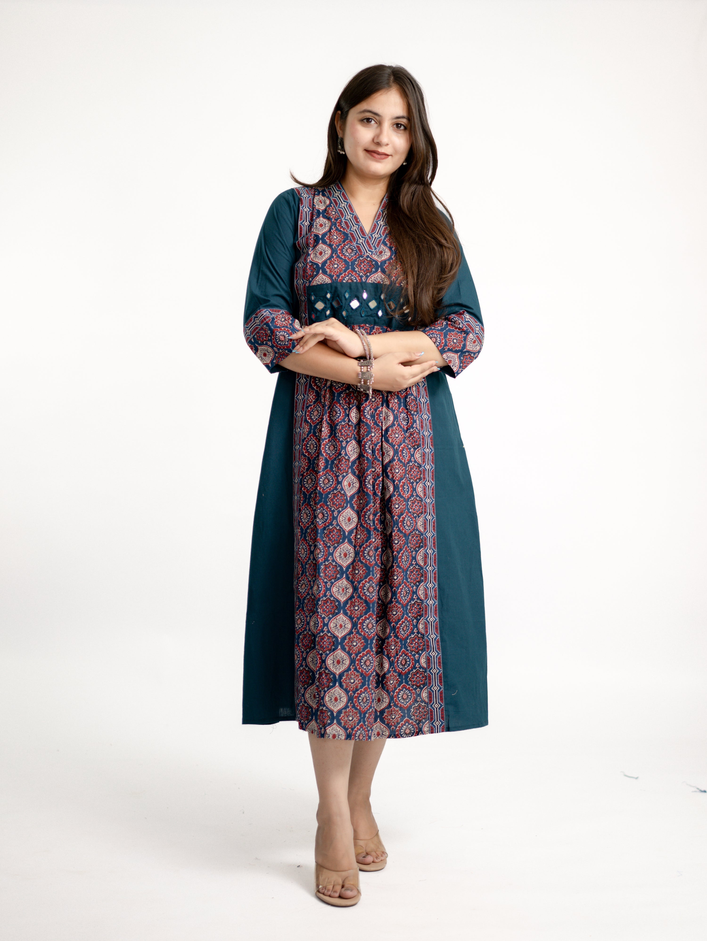 Diya Blue Cotton Ajrakh Kutch Embroidered A-line Kurta