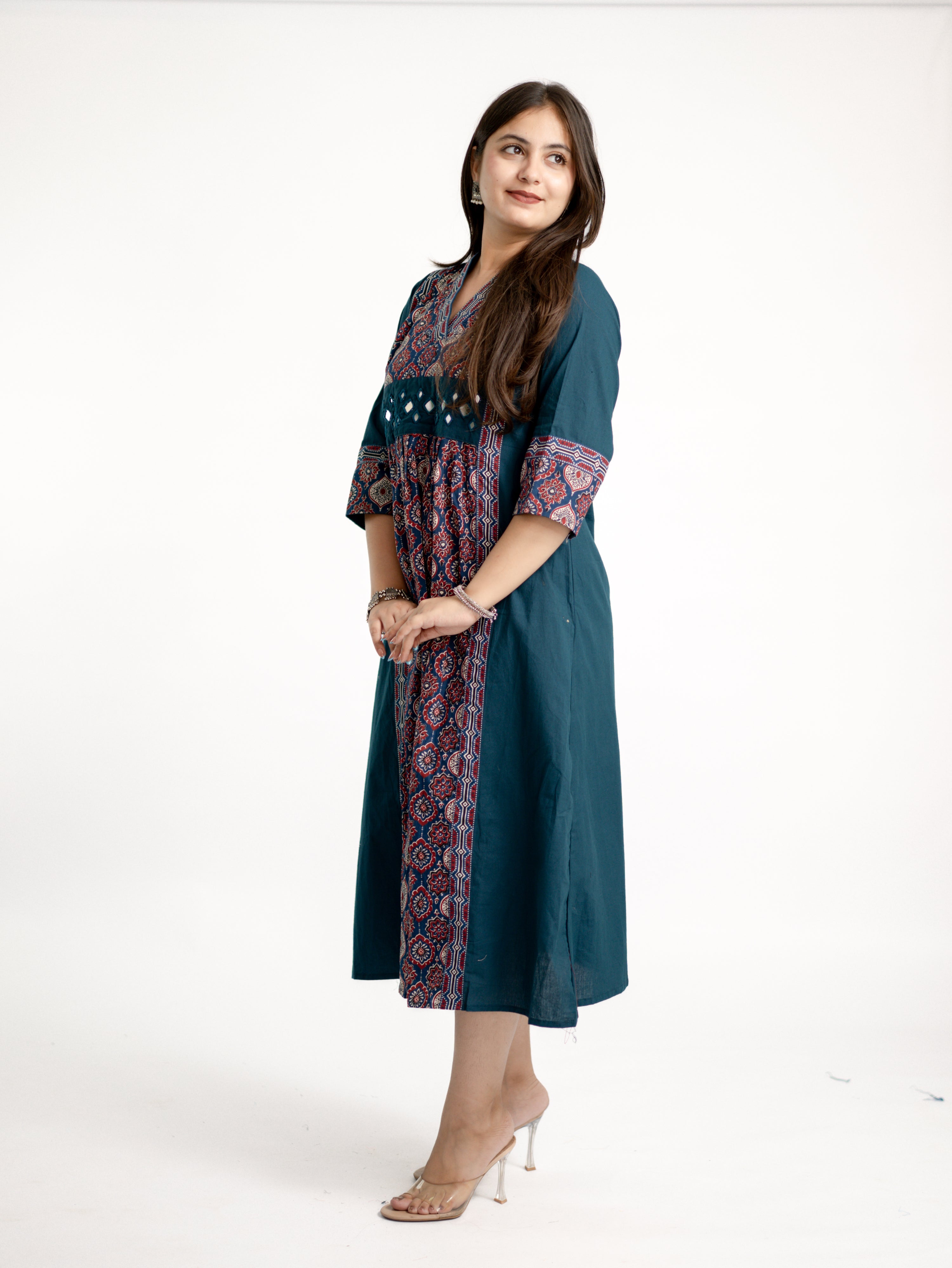 Diya Blue Cotton Ajrakh Kutch Embroidered A-line Kurta