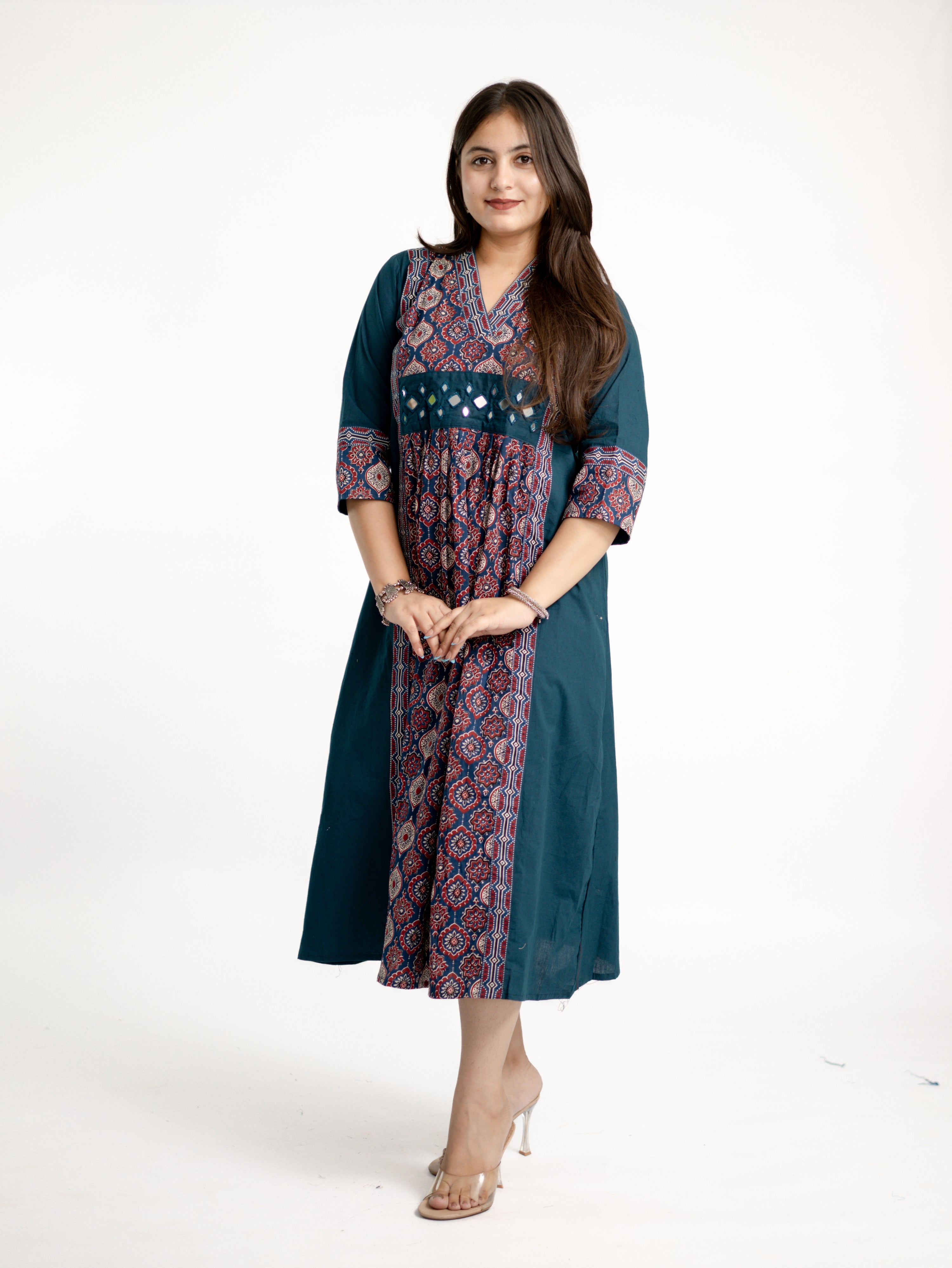 Diya Blue Cotton Ajrakh Kutch Embroidered A-line Kurta