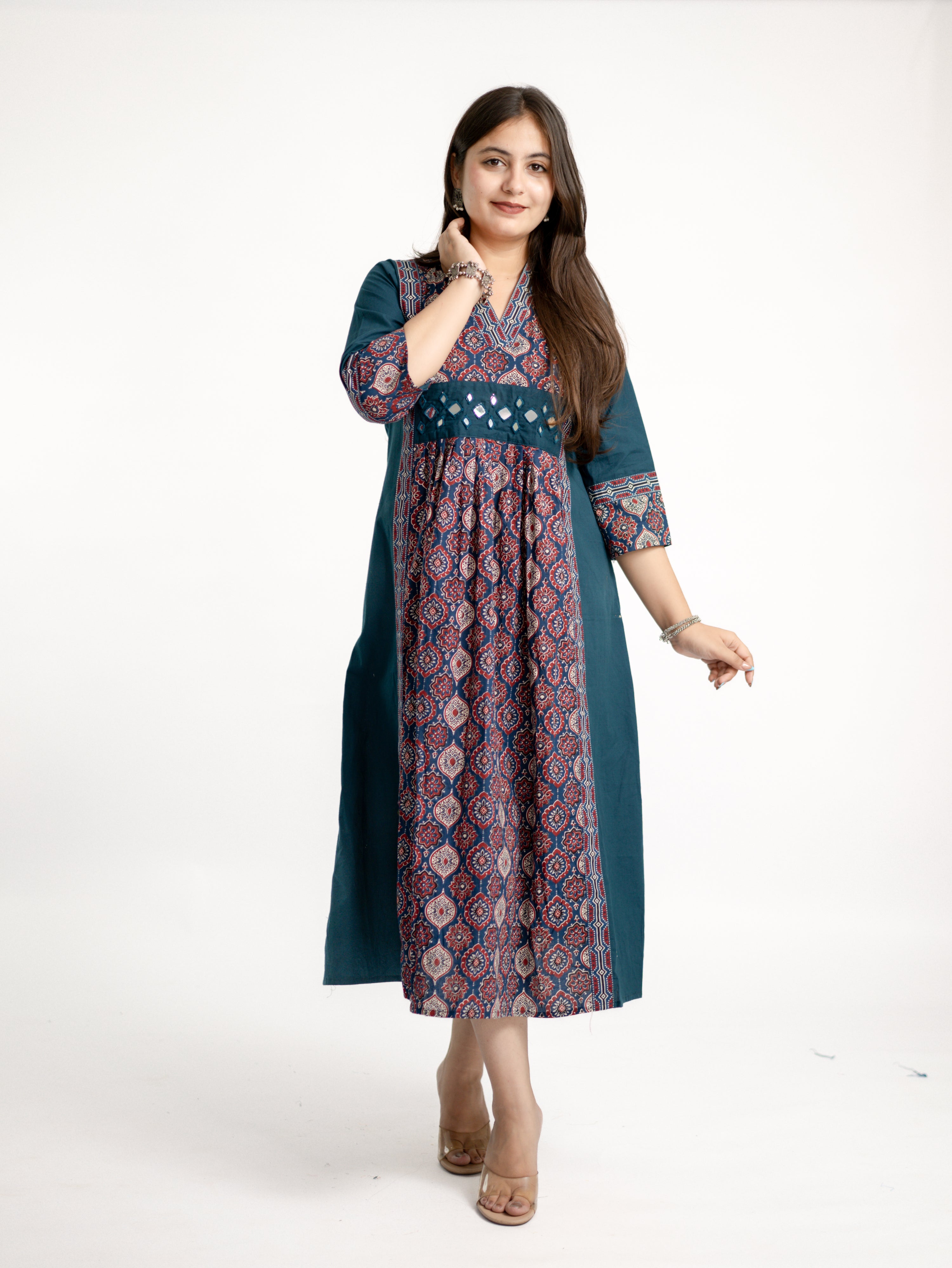 Diya Blue Cotton Ajrakh Kutch Embroidered A-line Kurta