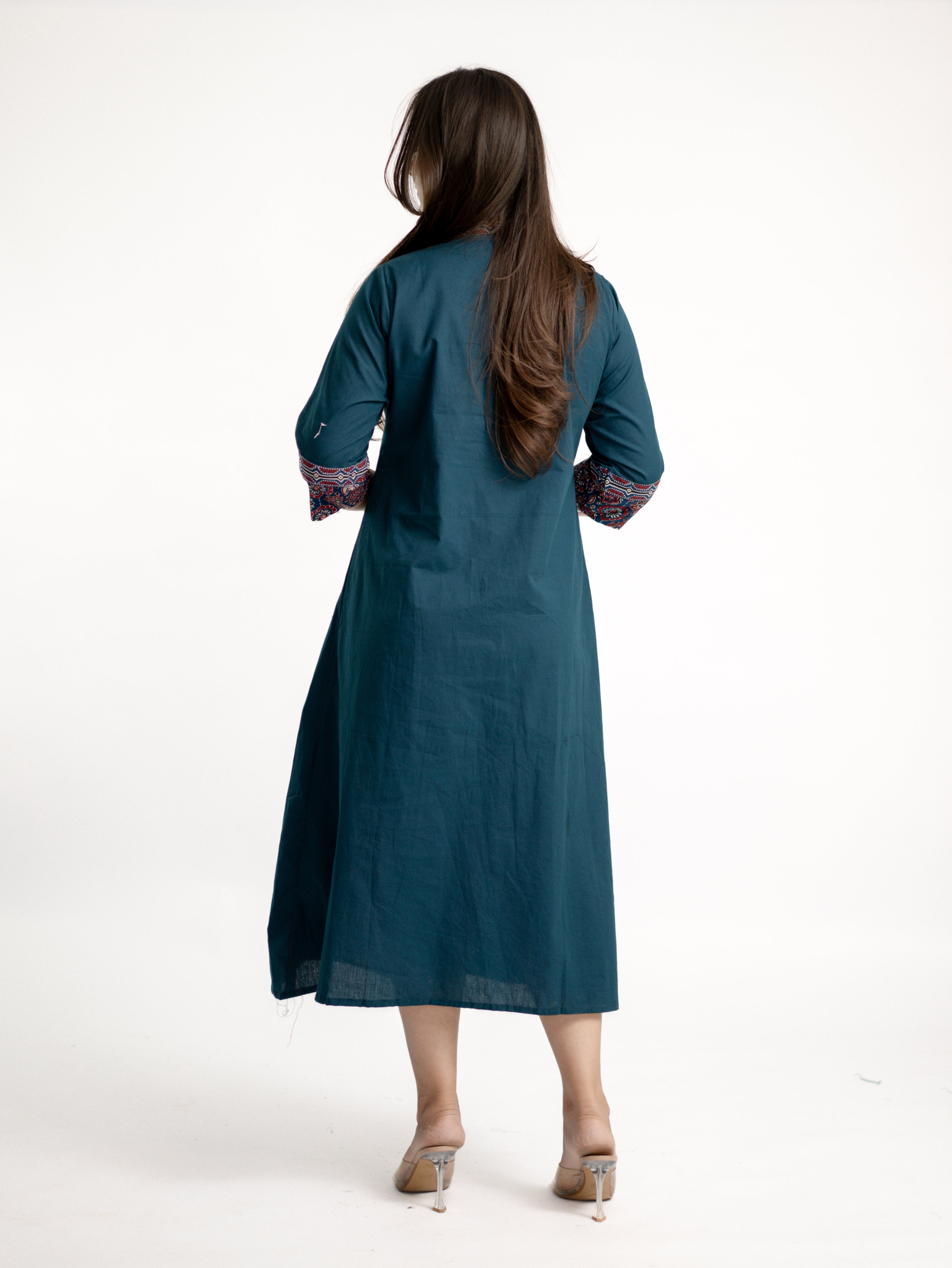 Diya Blue Cotton Ajrakh Kutch Embroidered A-line Kurta