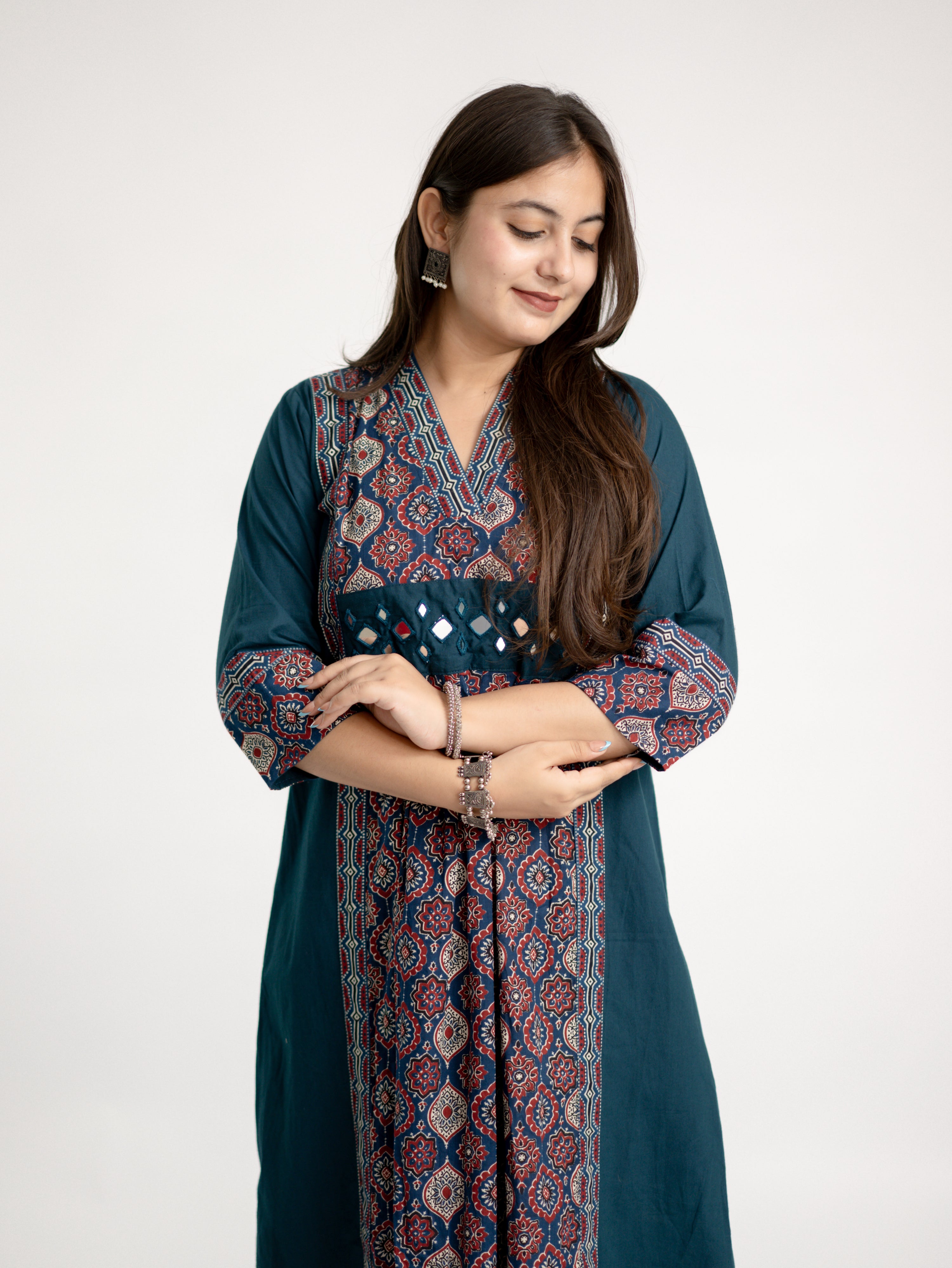 Diya Blue Cotton Ajrakh Kutch Embroidered A-line Kurta