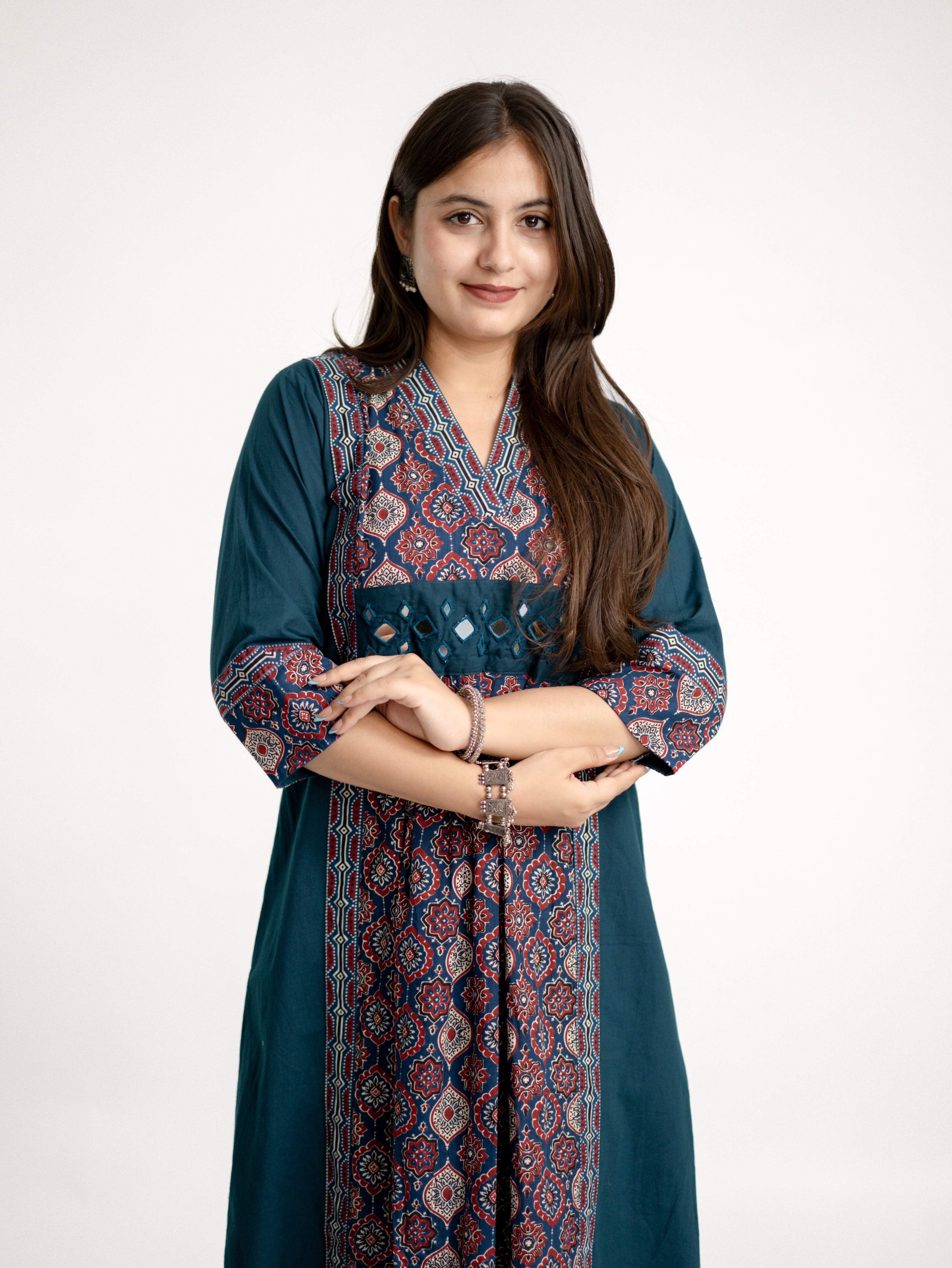 Diya Blue Cotton Ajrakh Kutch Embroidered A-line Kurta
