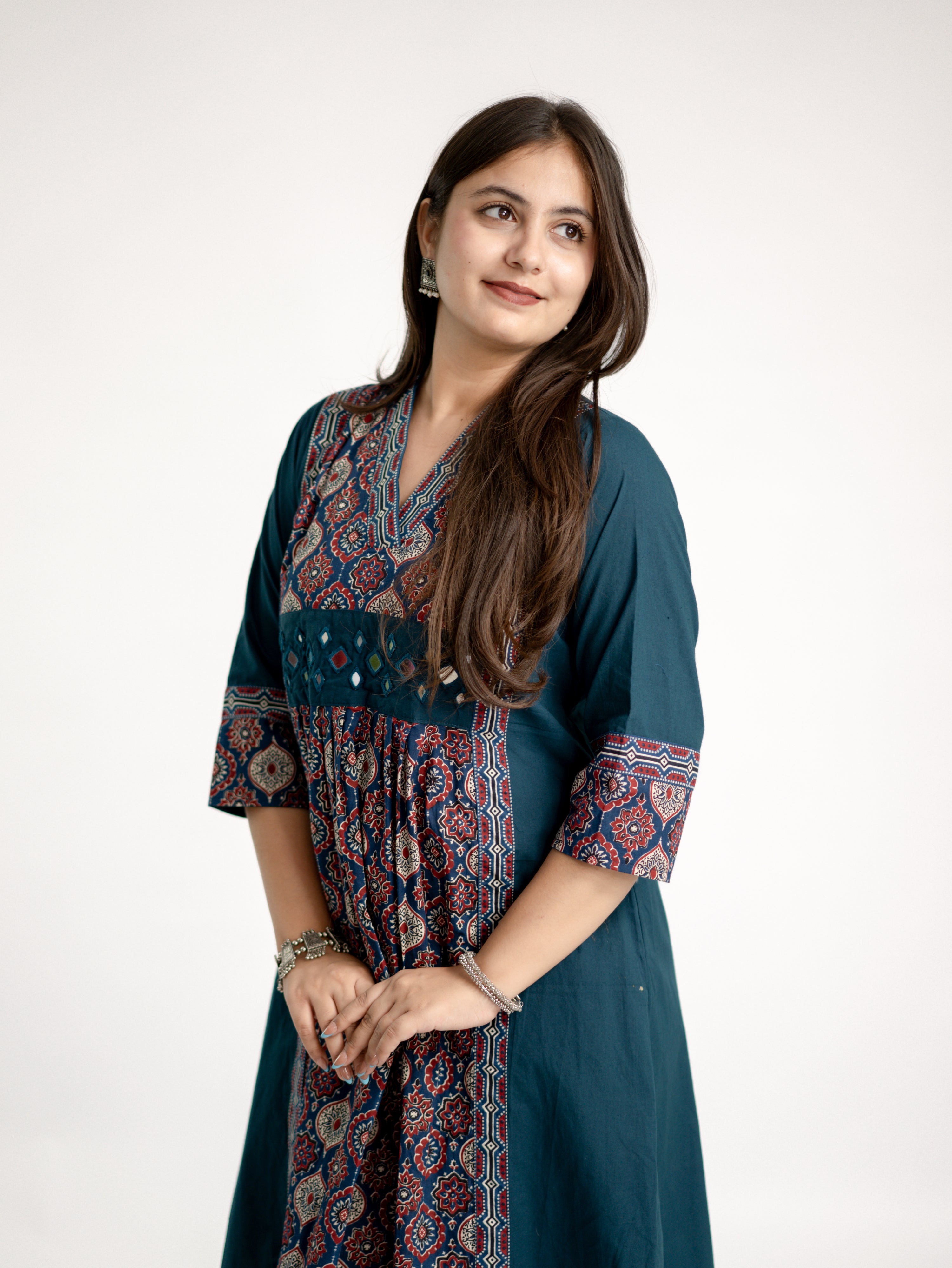 Diya Blue Cotton Ajrakh Kutch Embroidered A-line Kurta