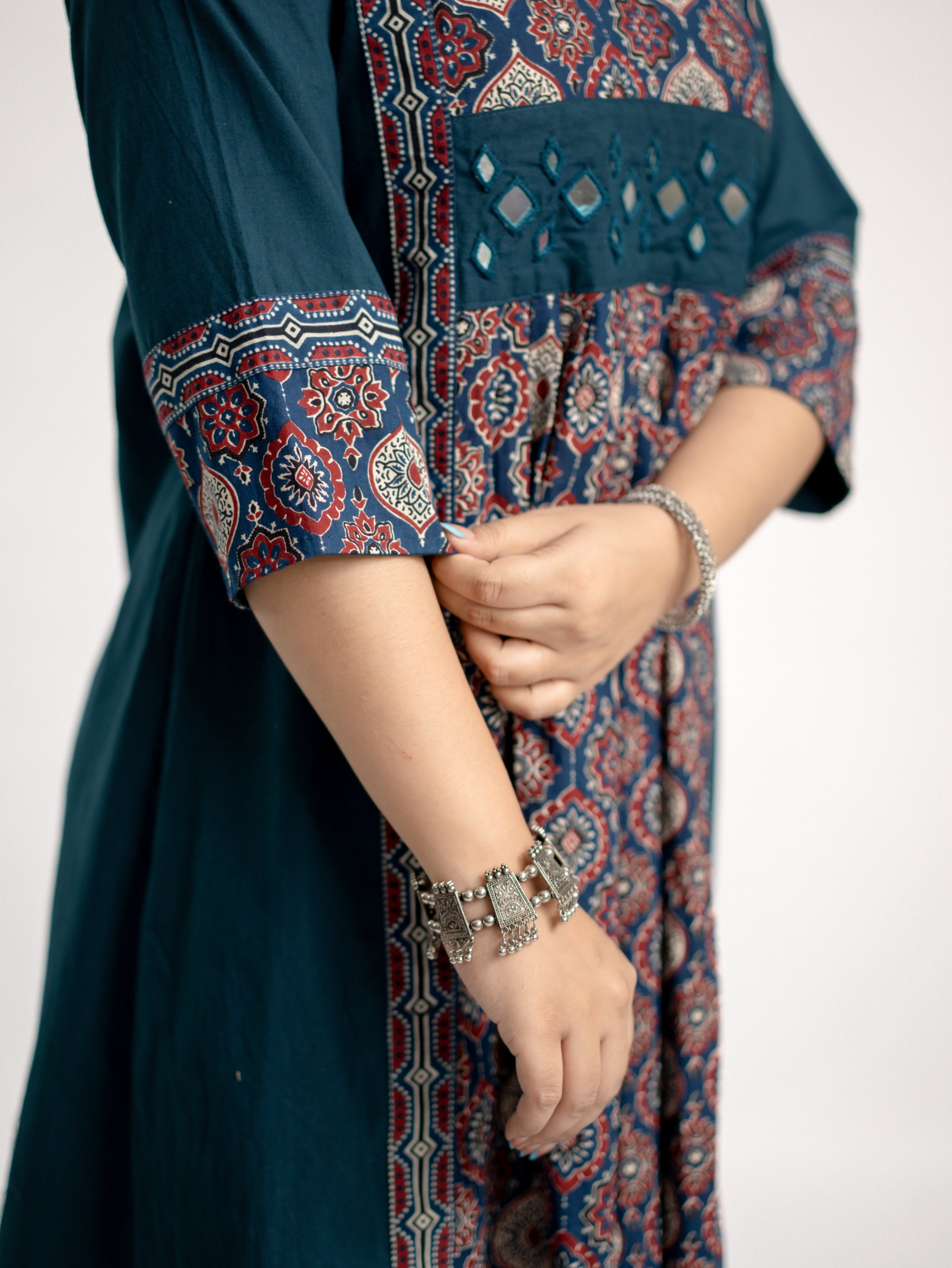Diya Blue Cotton Ajrakh Kutch Embroidered A-line Kurta
