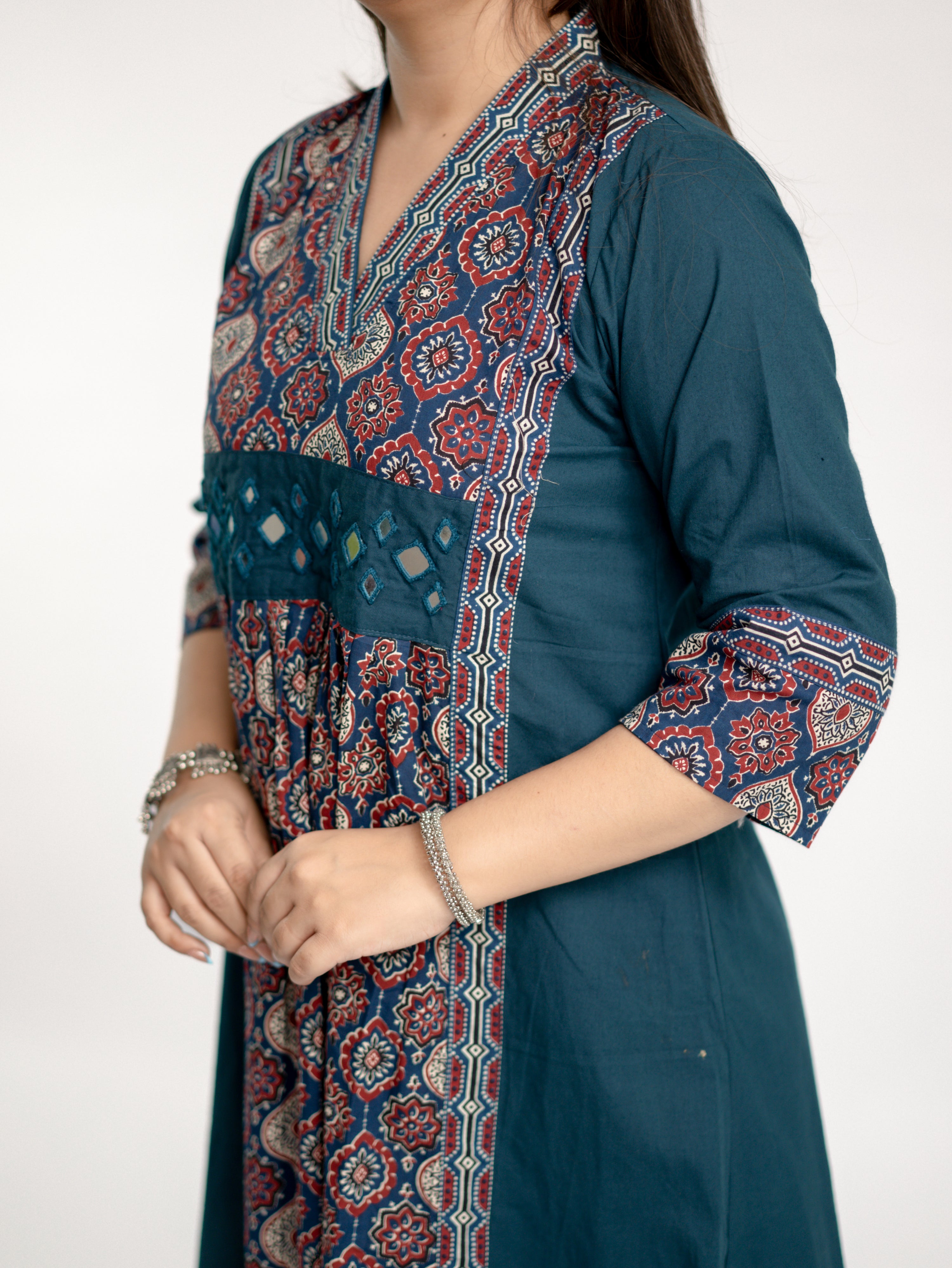 Diya Blue Cotton Ajrakh Kutch Embroidered A-line Kurta