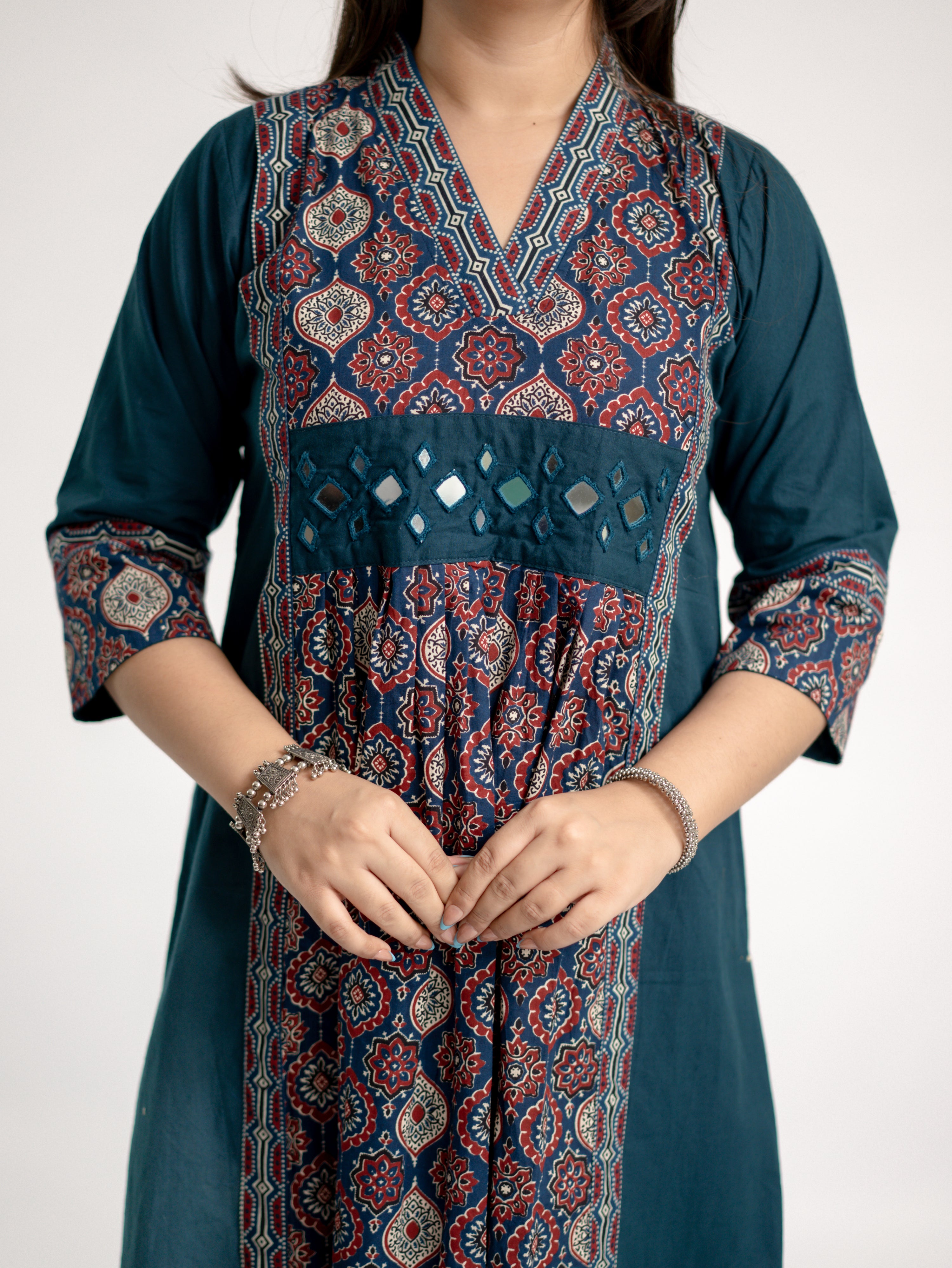 Diya Blue Cotton Ajrakh Kutch Embroidered A-line Kurta
