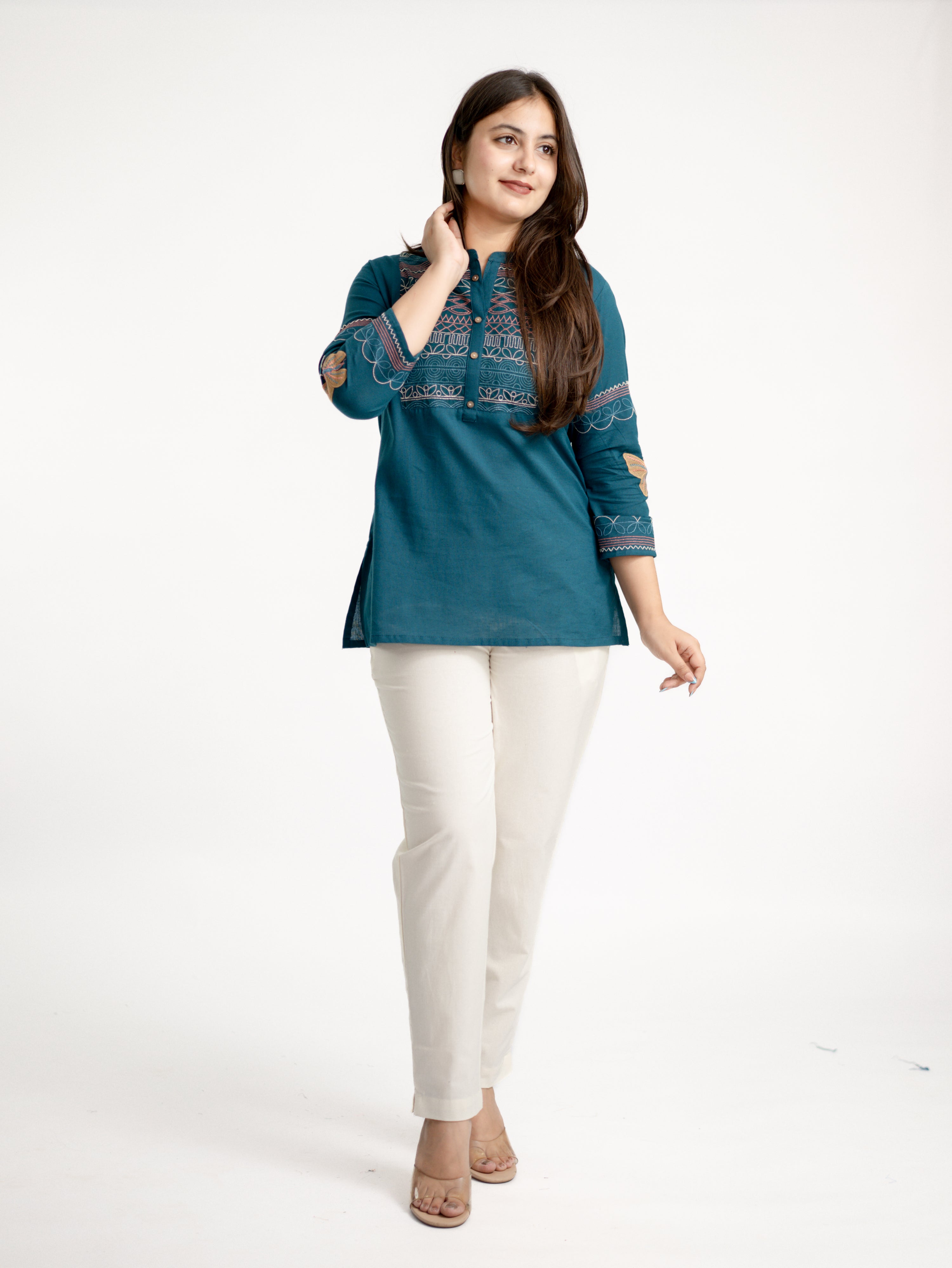 Karvi Teal Blue Cotton Embroidered Short Top