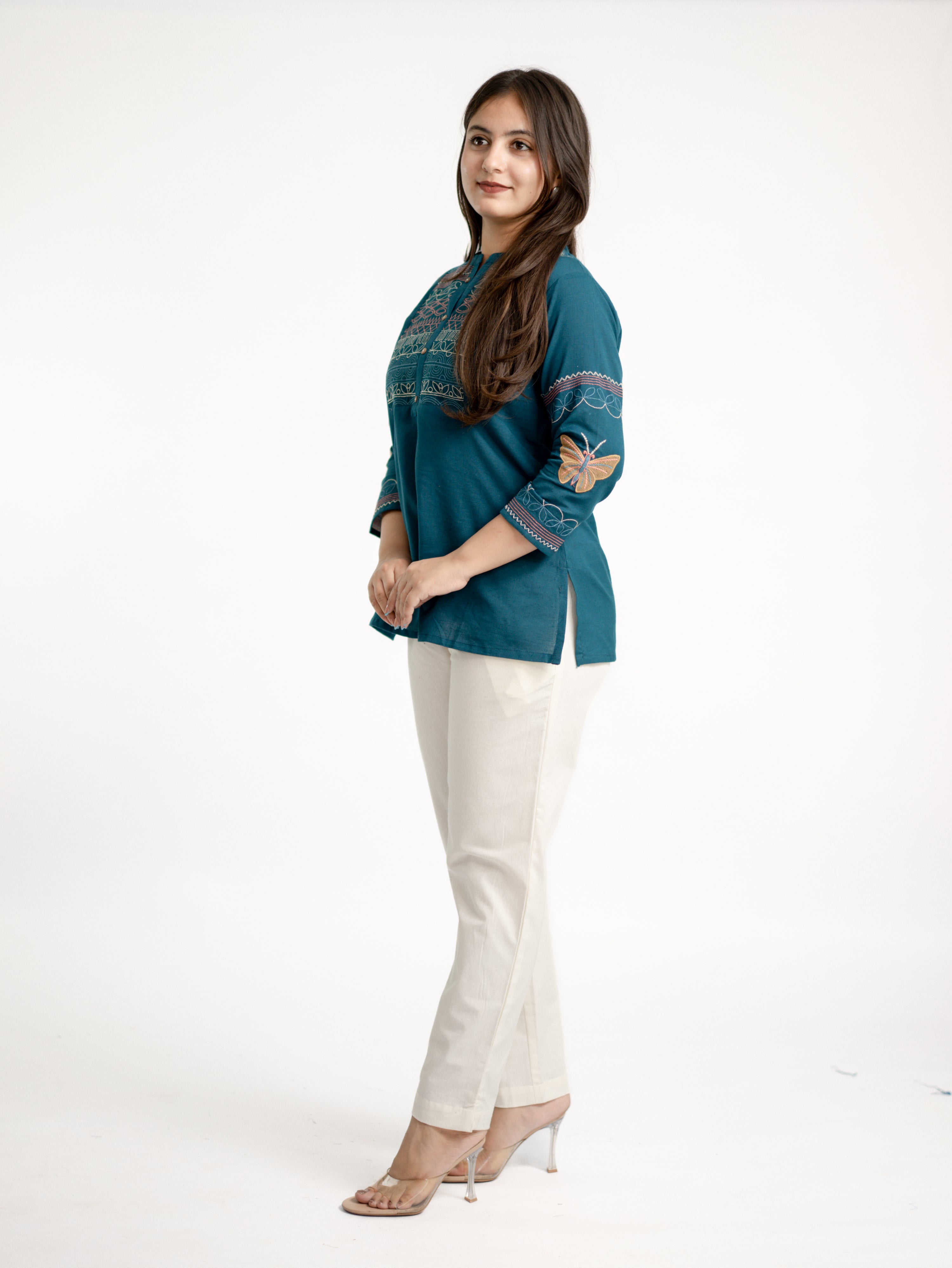 Karvi Teal Blue Cotton Embroidered Short Top