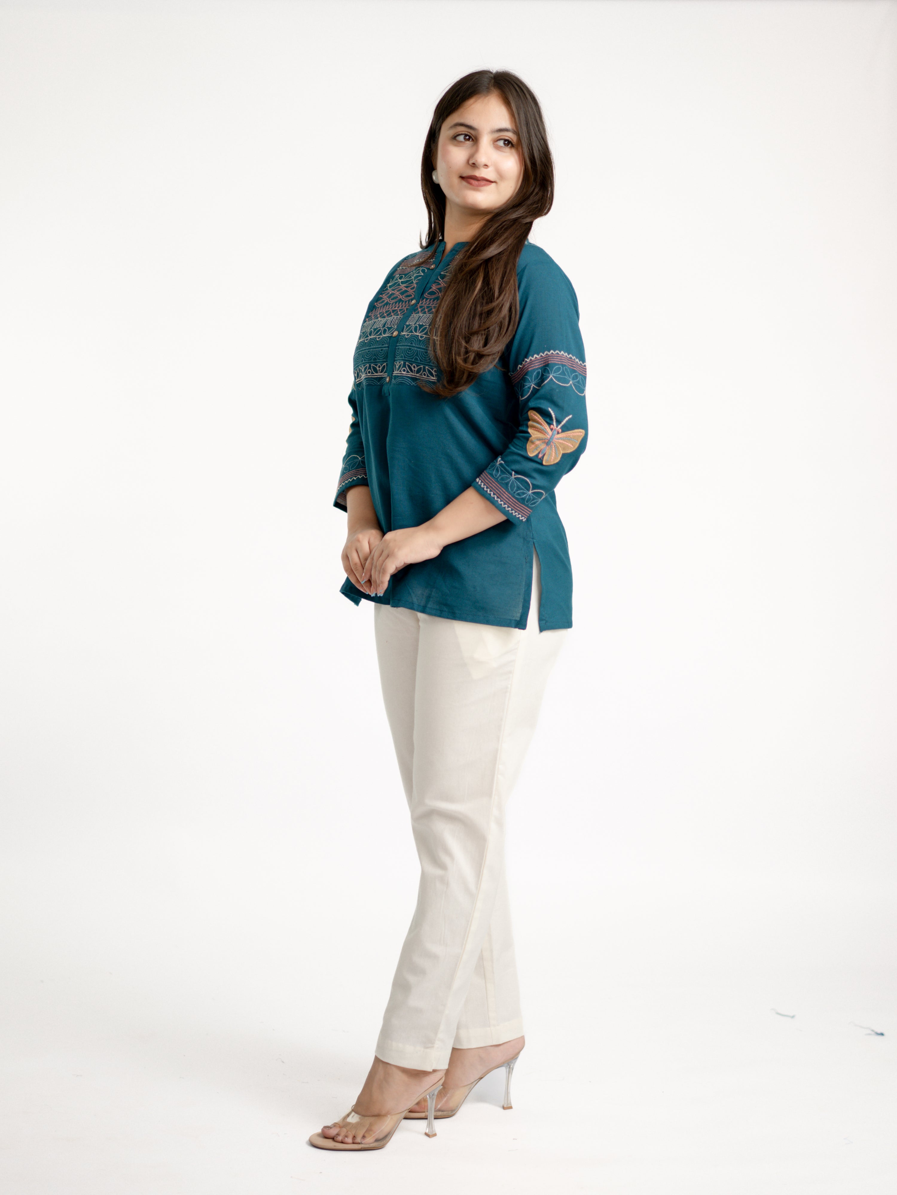 Karvi Teal Blue Cotton Embroidered Short Top