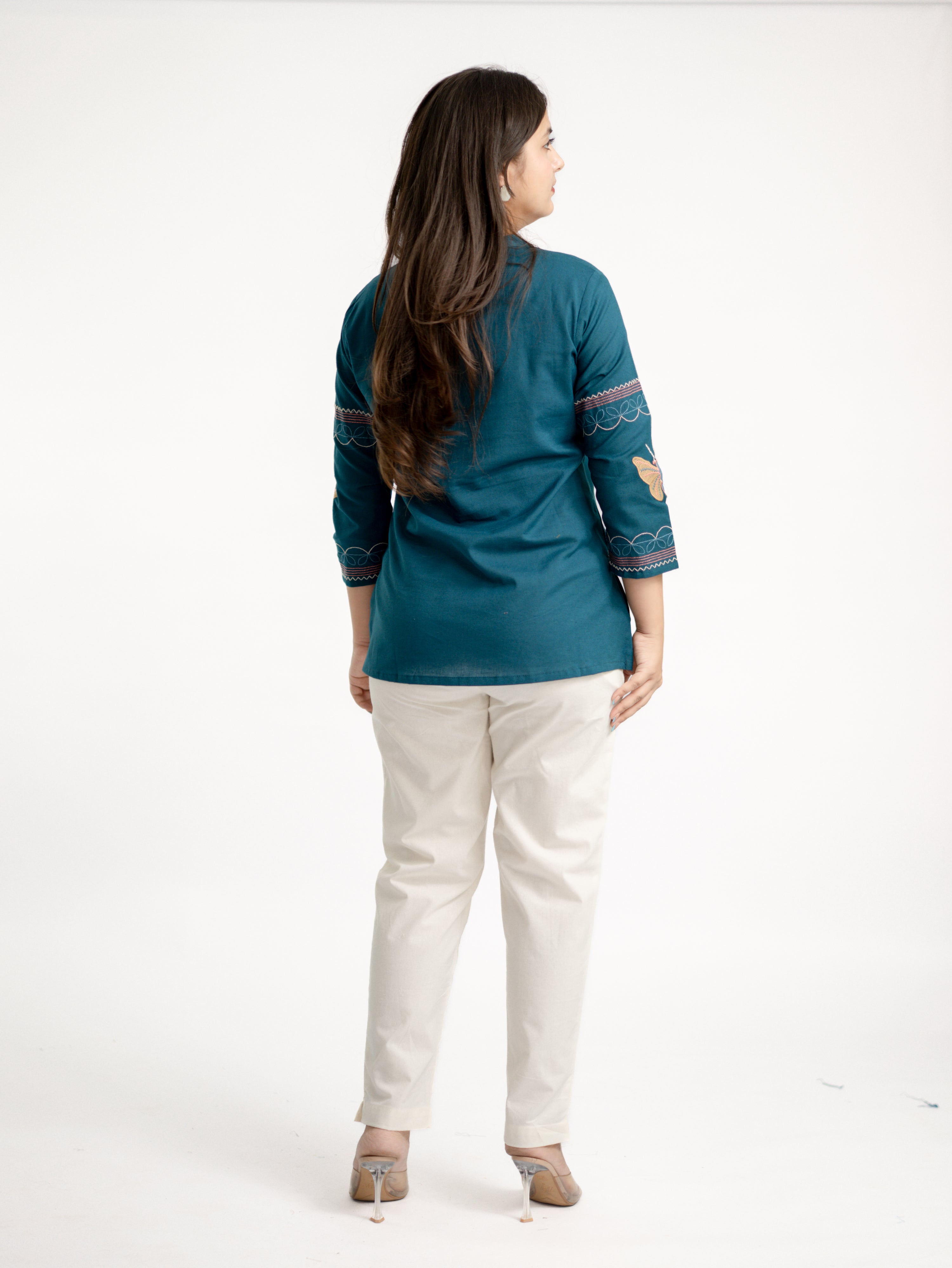 Karvi Teal Blue Cotton Embroidered Short Top