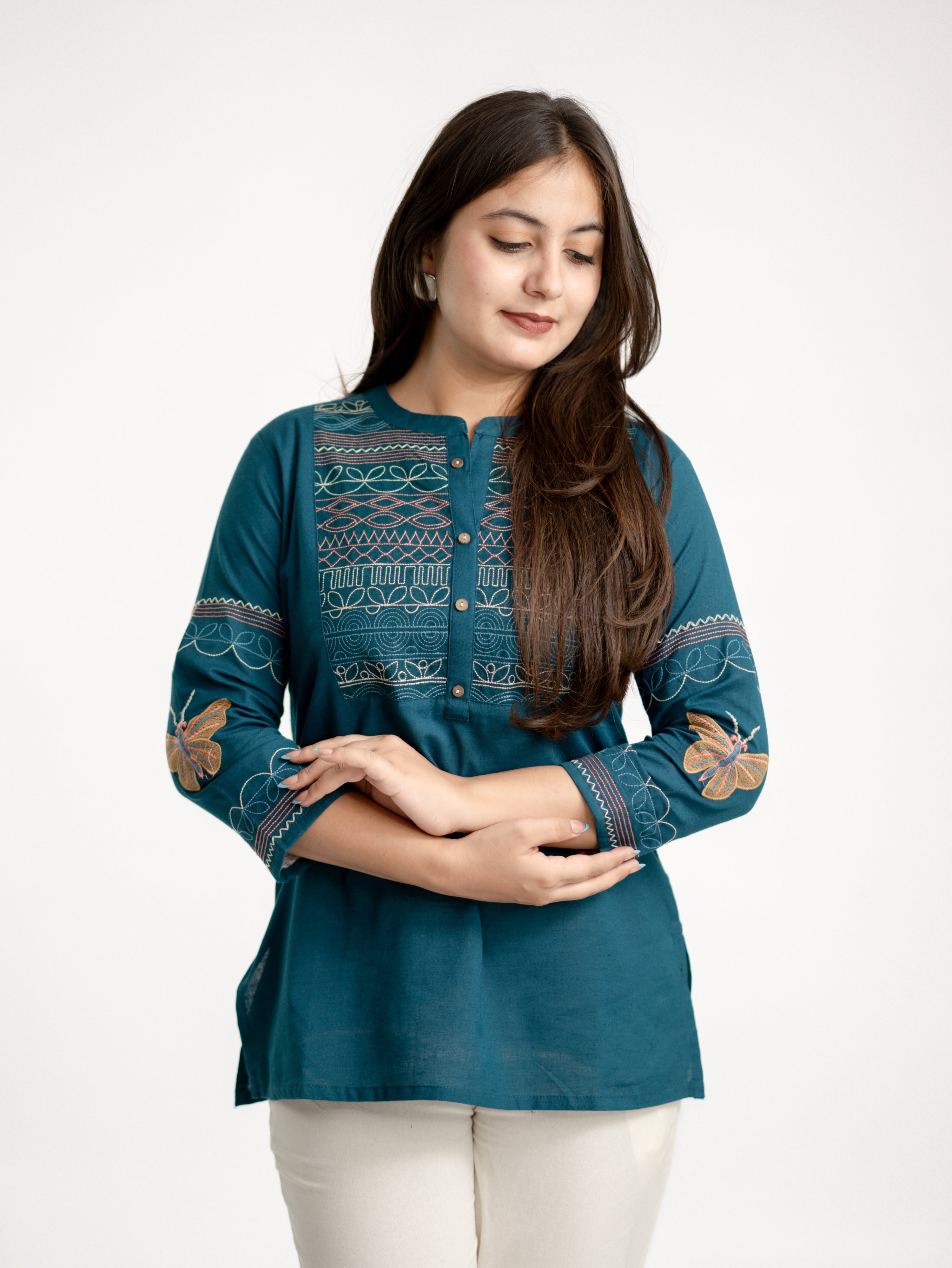 Karvi Teal Blue Cotton Embroidered Short Top