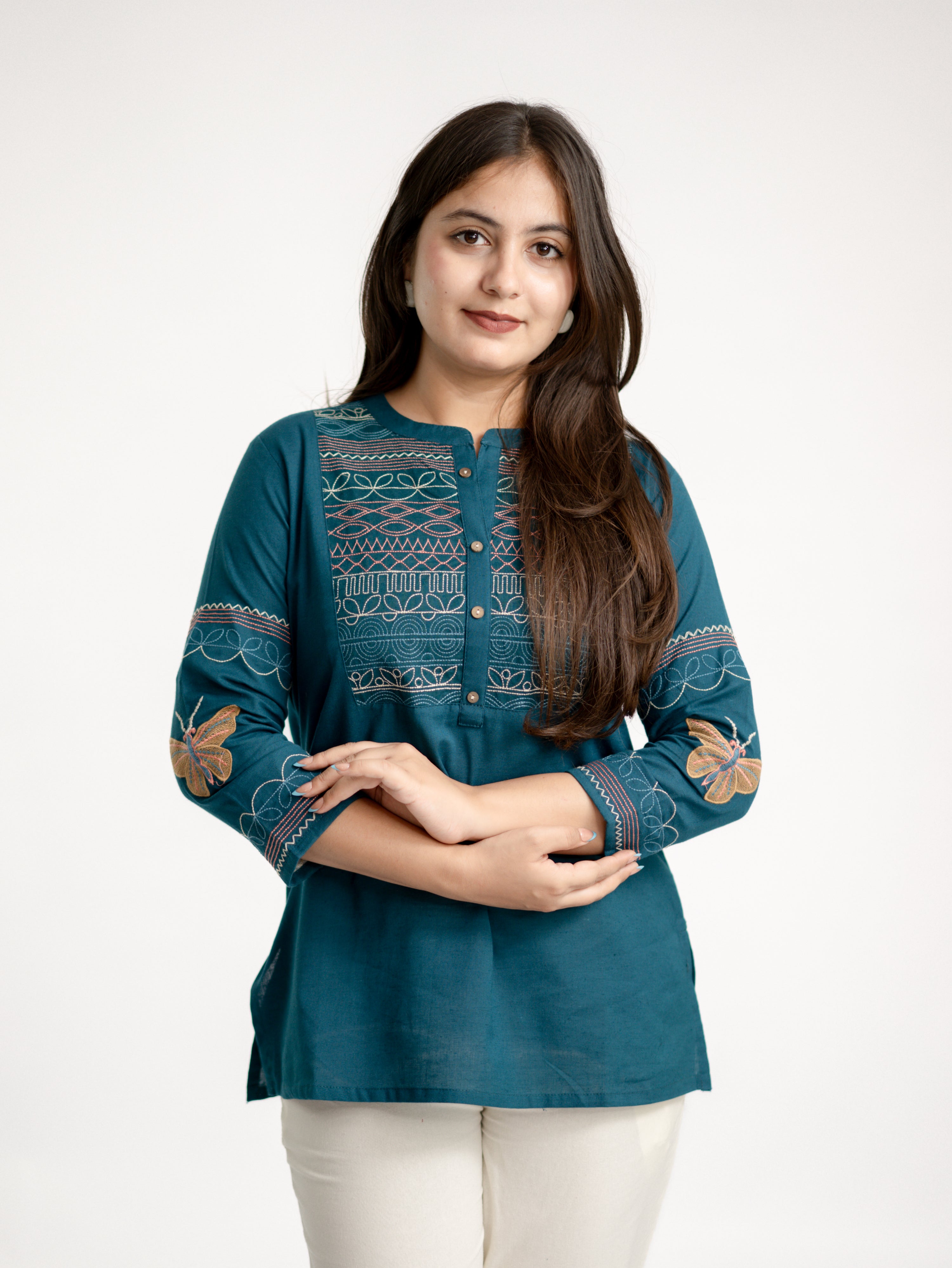 Karvi Teal Blue Cotton Embroidered Short Top