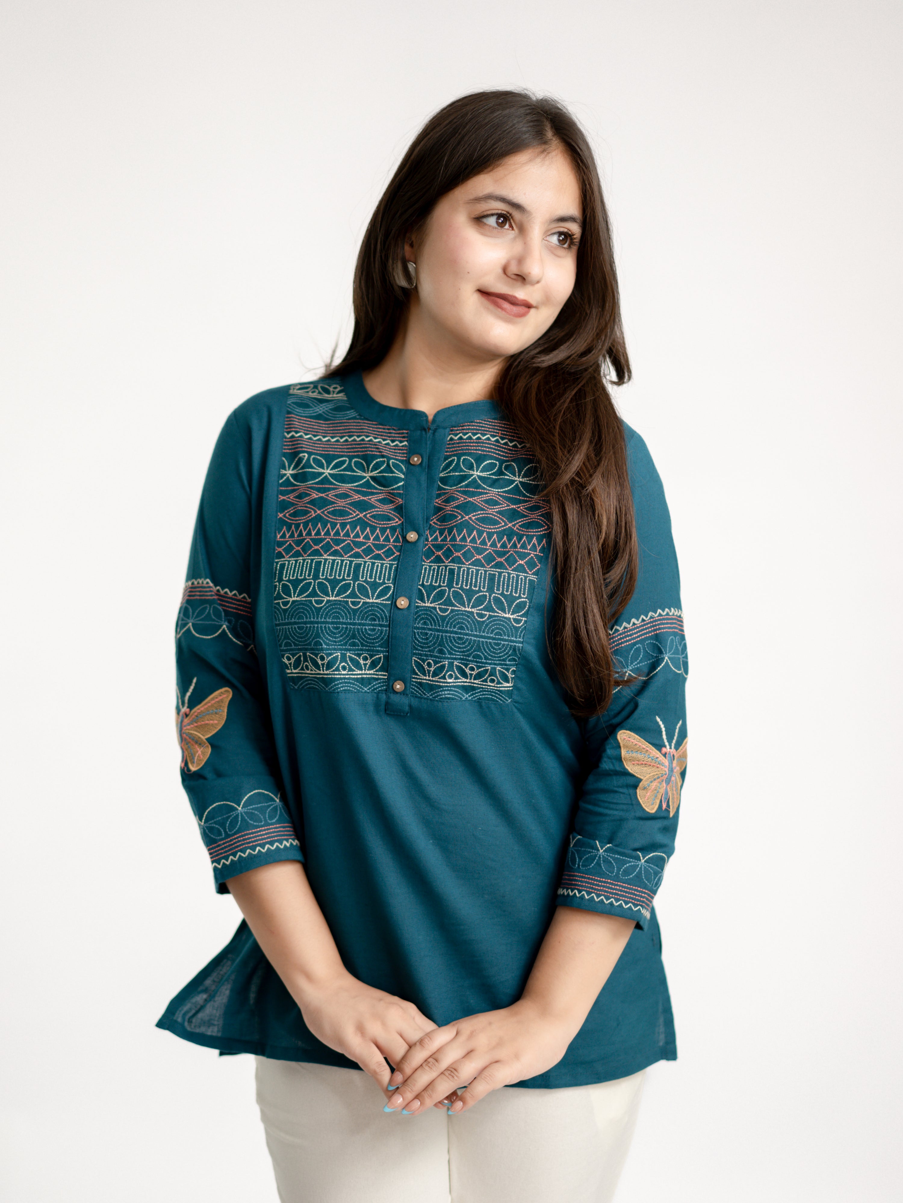 Karvi Teal Blue Cotton Embroidered Short Top