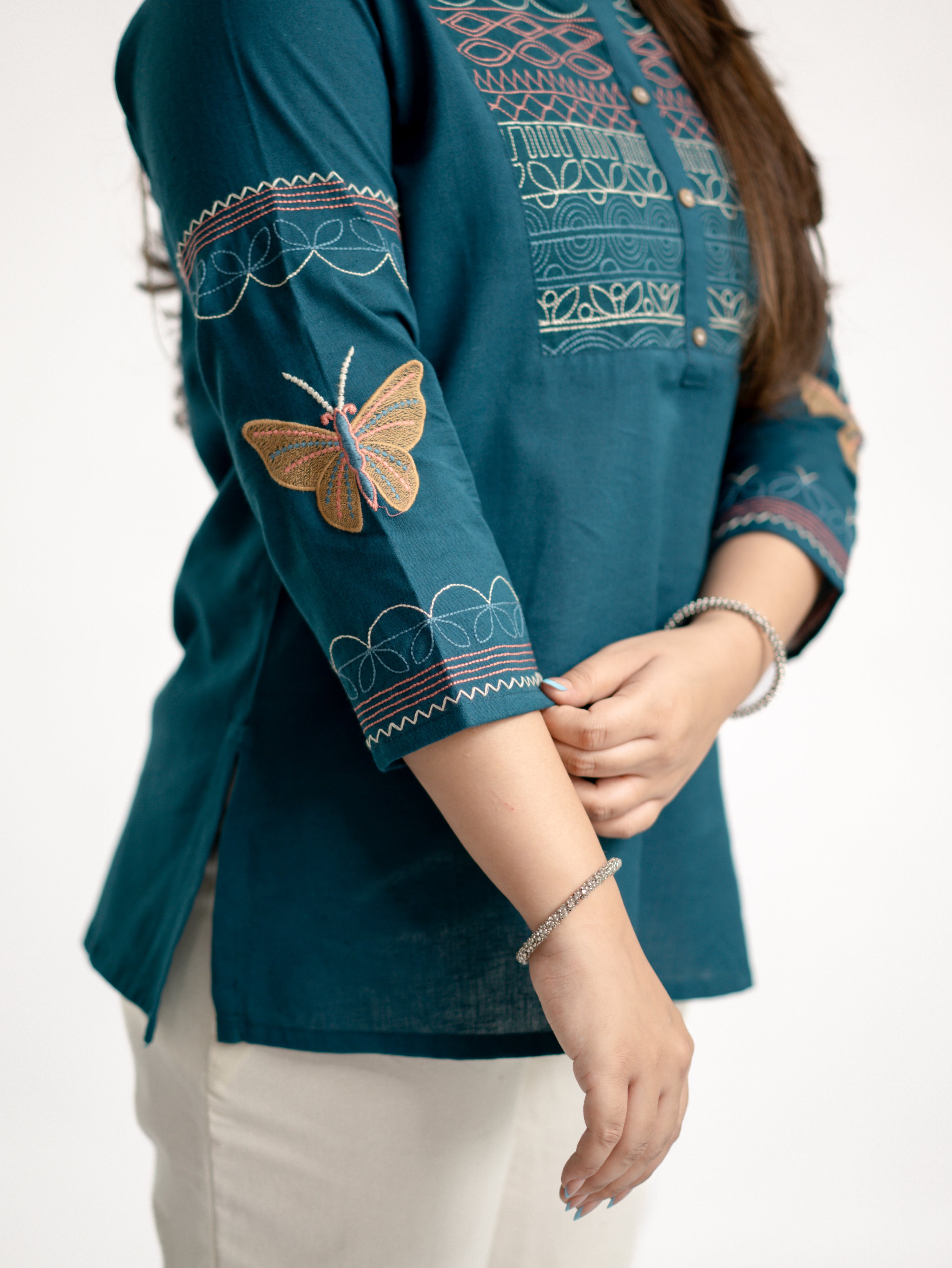 Karvi Teal Blue Cotton Embroidered Short Top