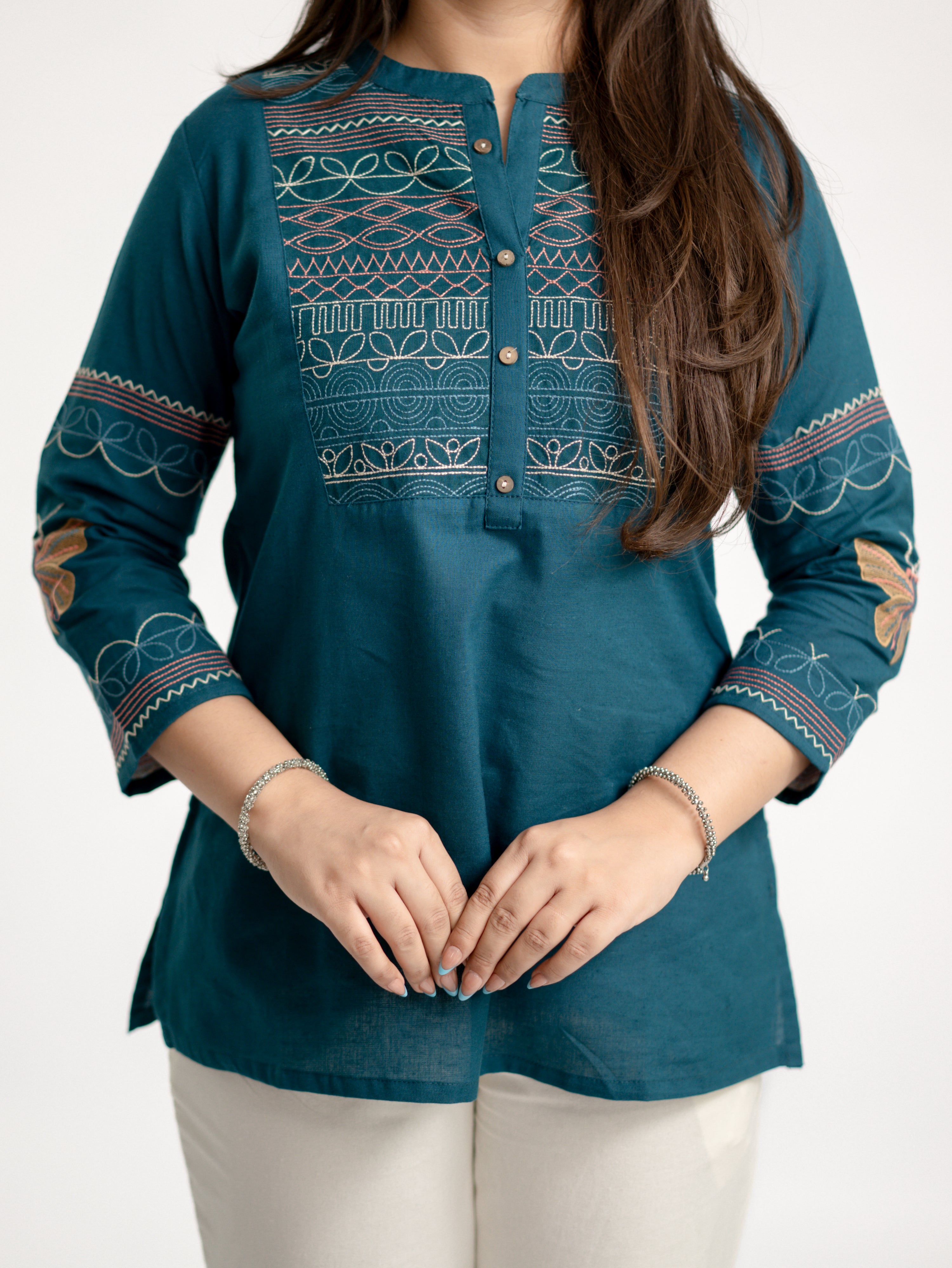 Karvi Teal Blue Cotton Embroidered Short Top