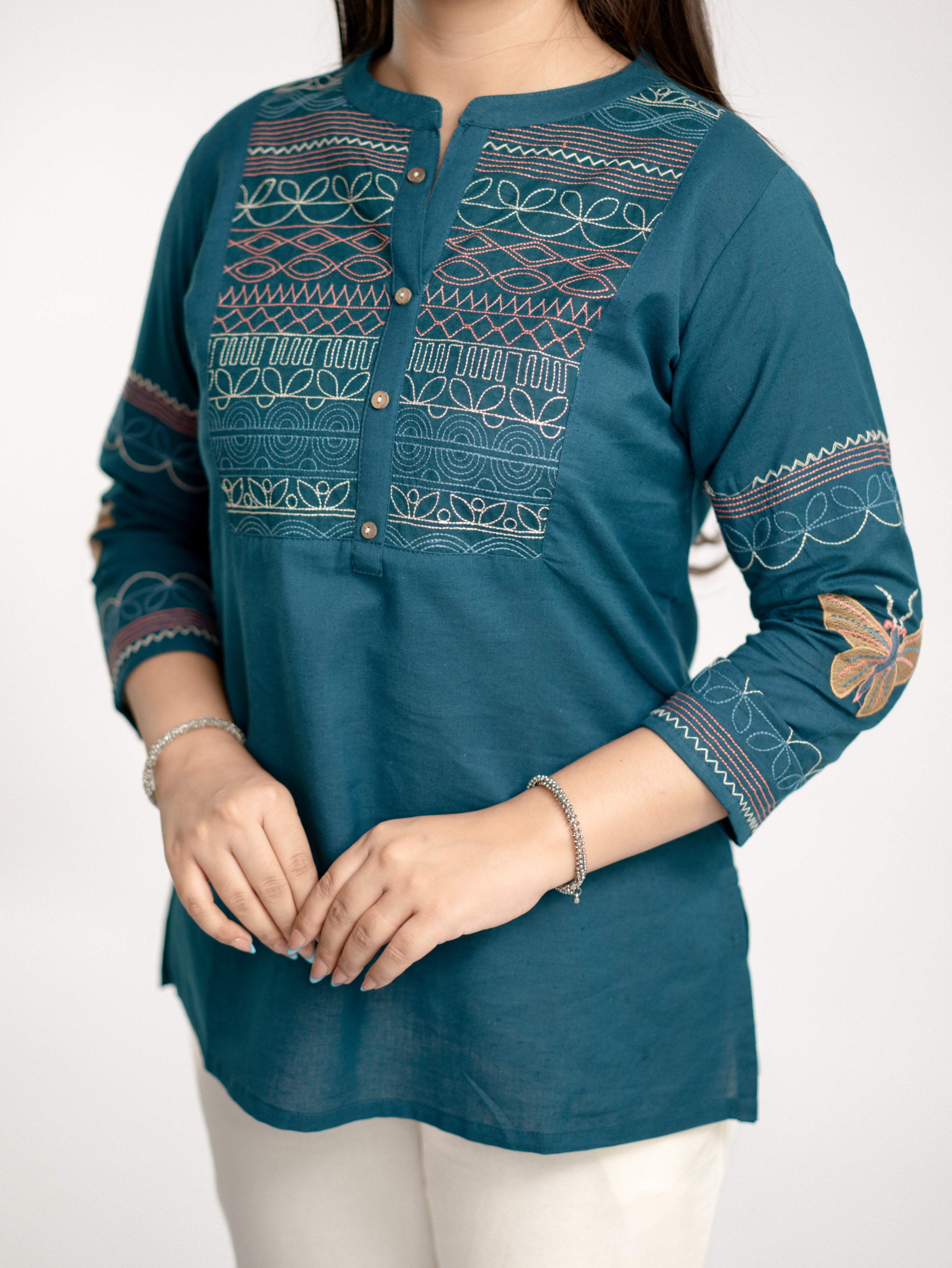 Karvi Teal Blue Cotton Embroidered Short Top
