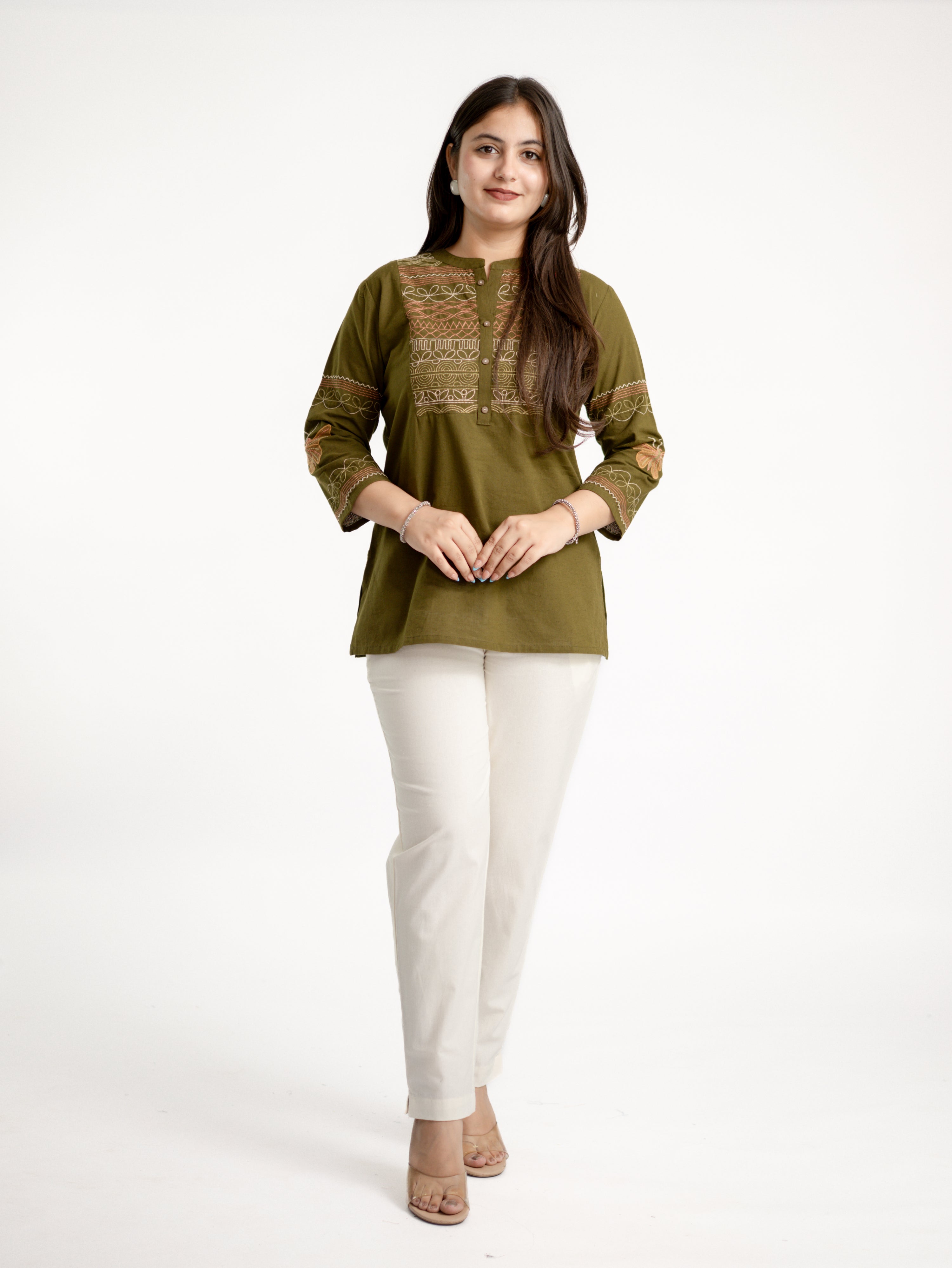 Karvi Green Cotton Embroidered Short Top
