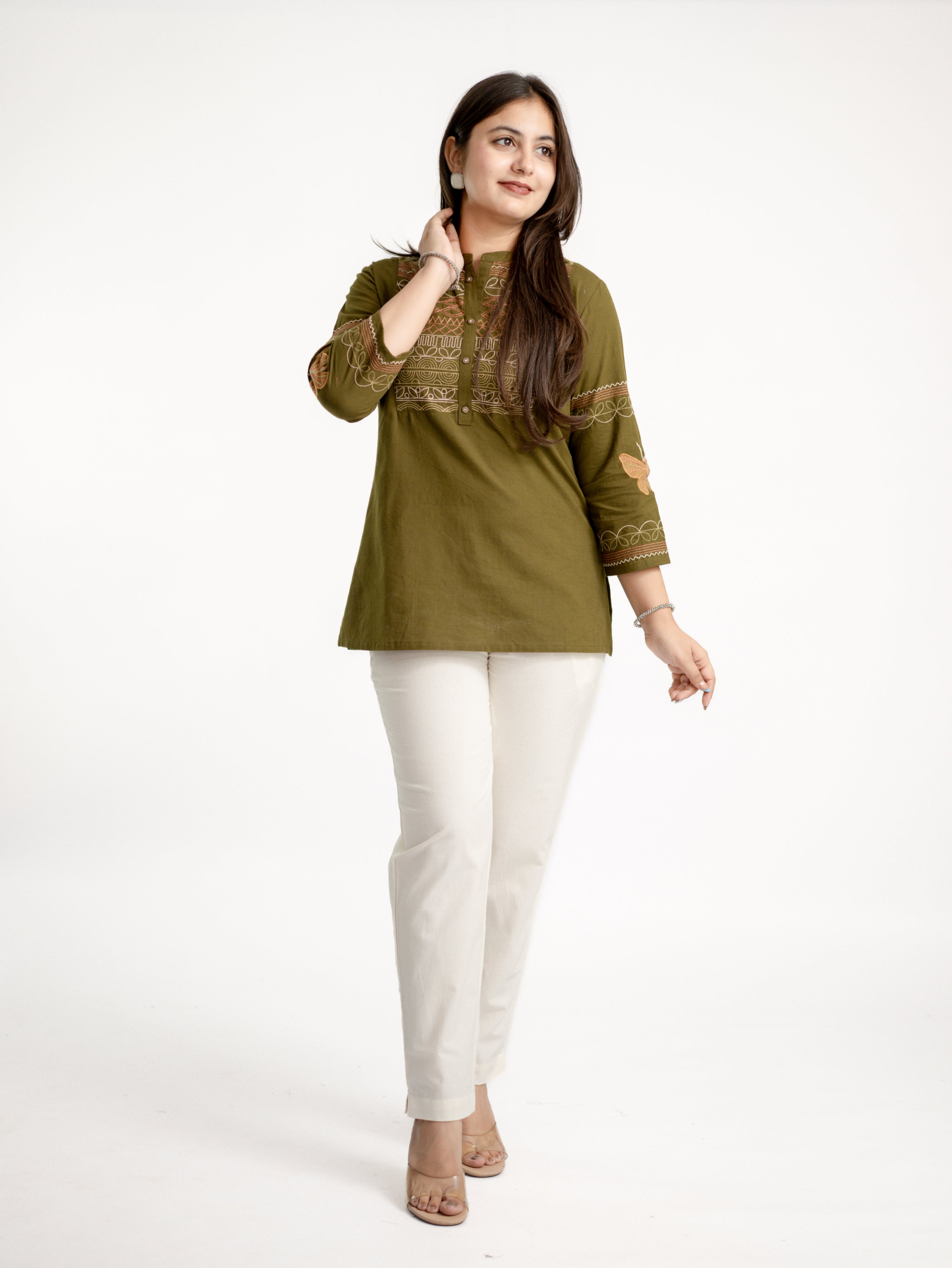 Karvi Green Cotton Embroidered Short Top