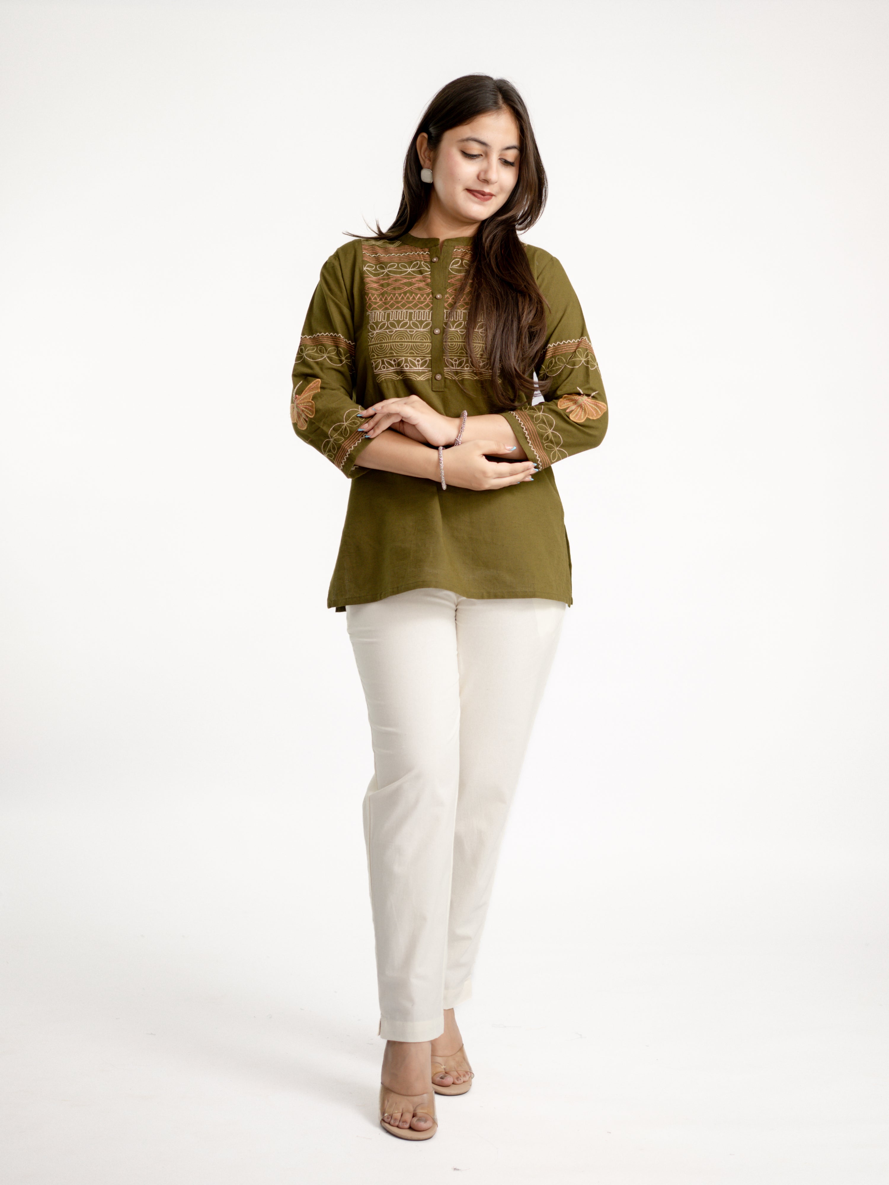 Karvi Green Cotton Embroidered Short Top