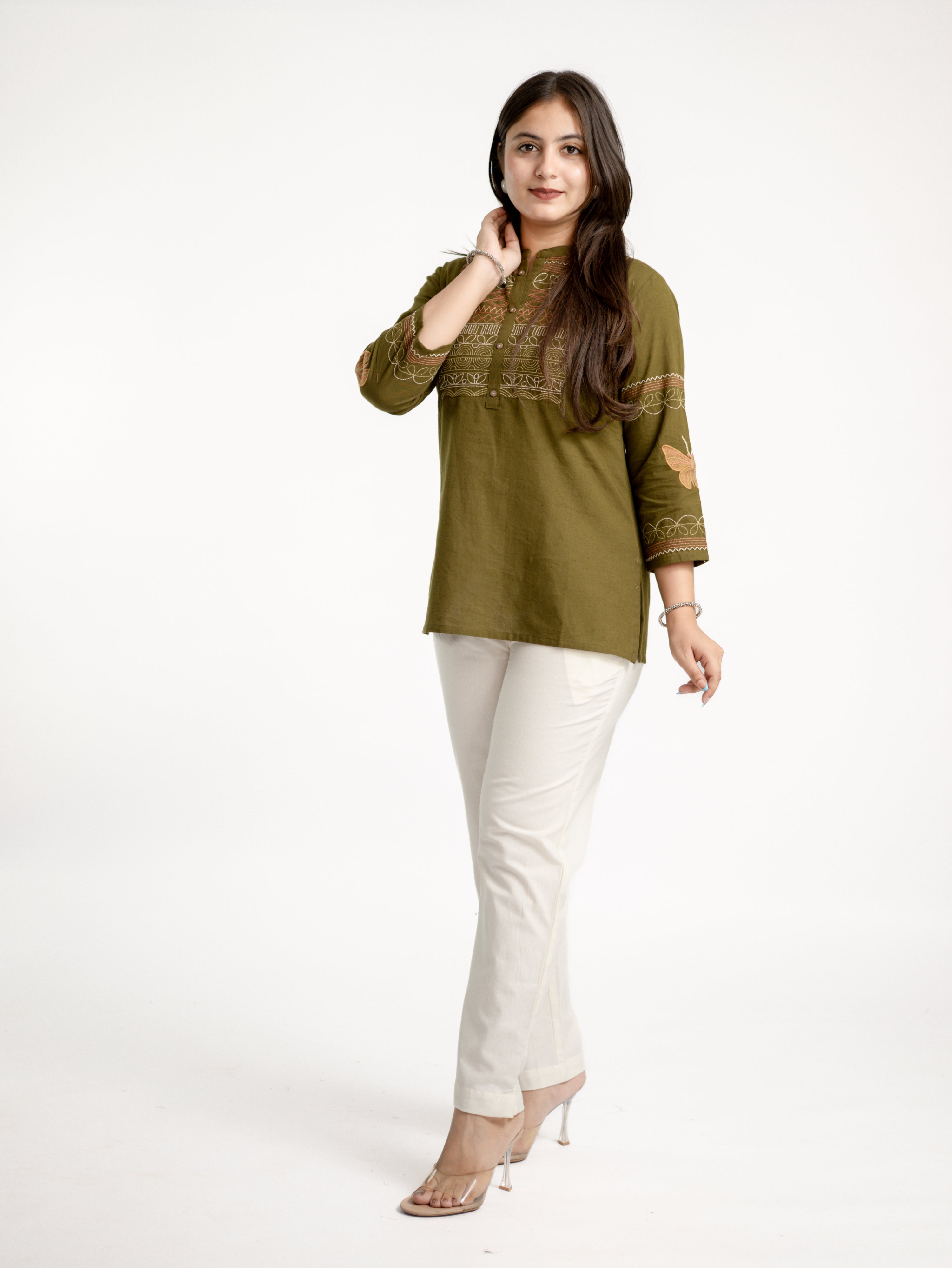 Karvi Green Cotton Embroidered Short Top