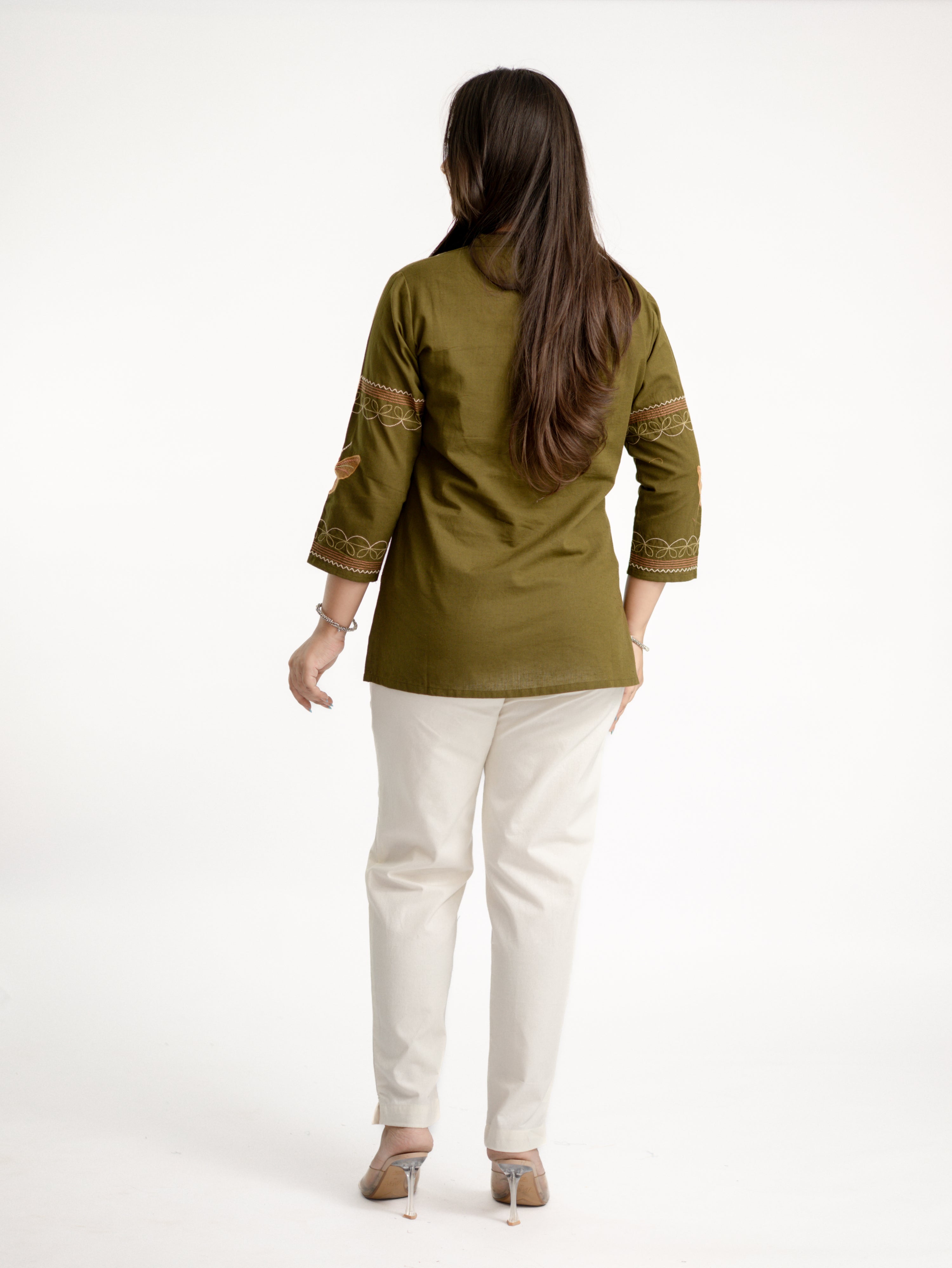 Karvi Green Cotton Embroidered Short Top