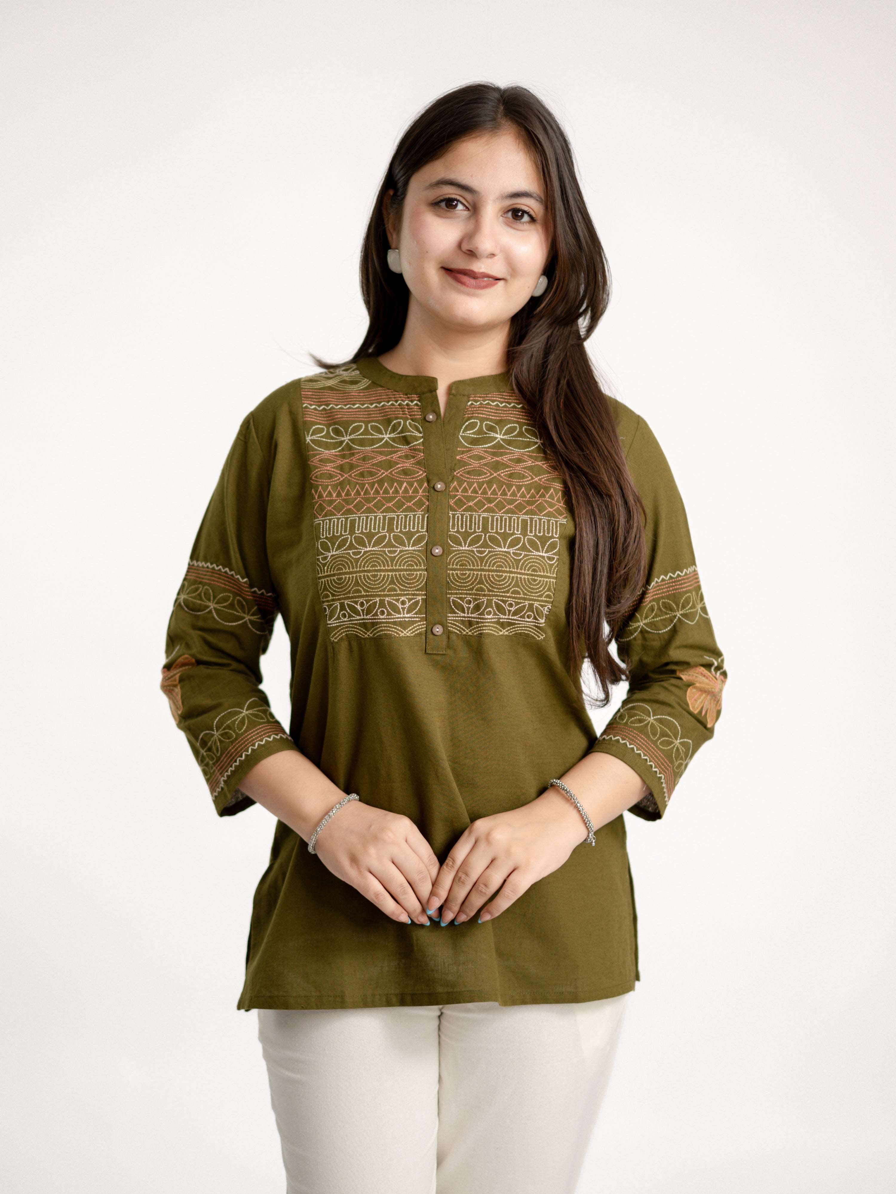 Karvi Green Cotton Embroidered Short Top