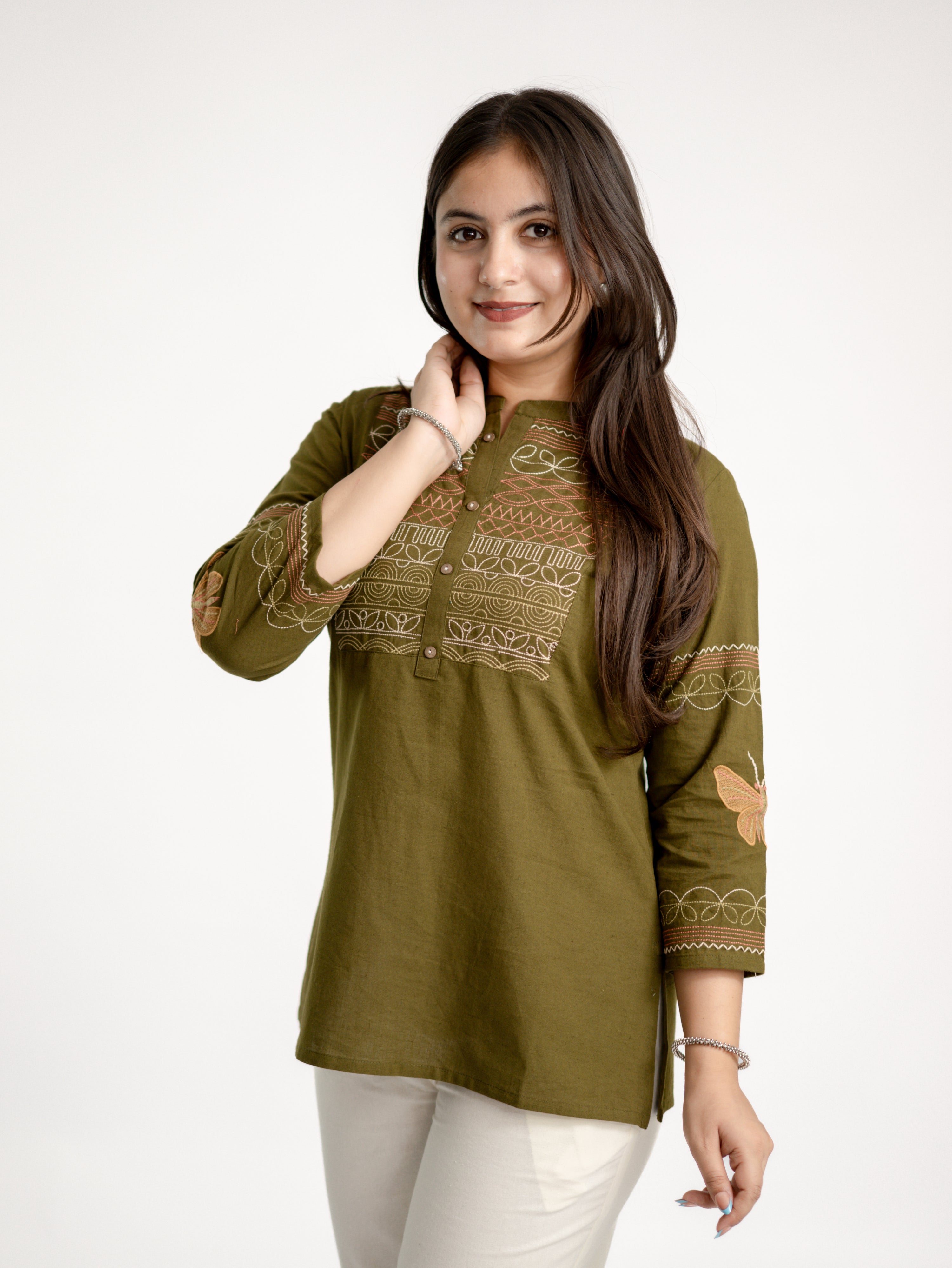 Karvi Green Cotton Embroidered Short Top