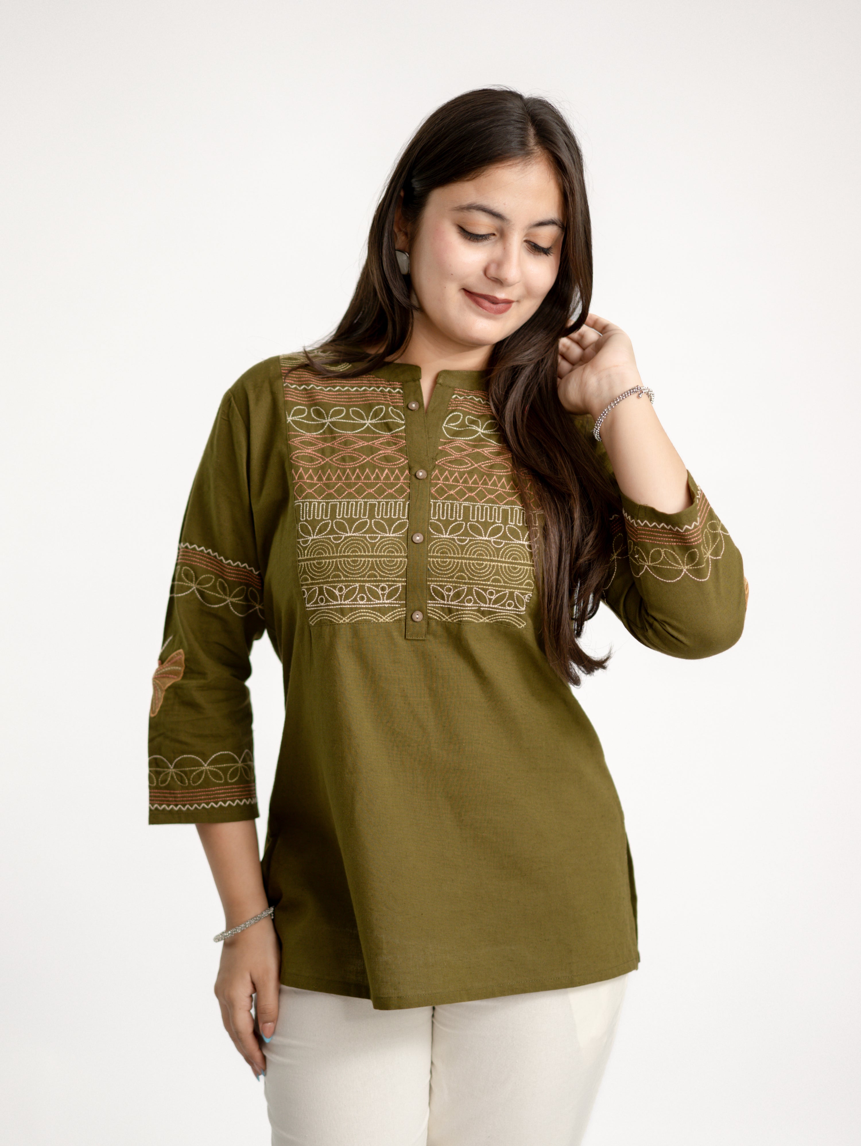Karvi Green Cotton Embroidered Short Top