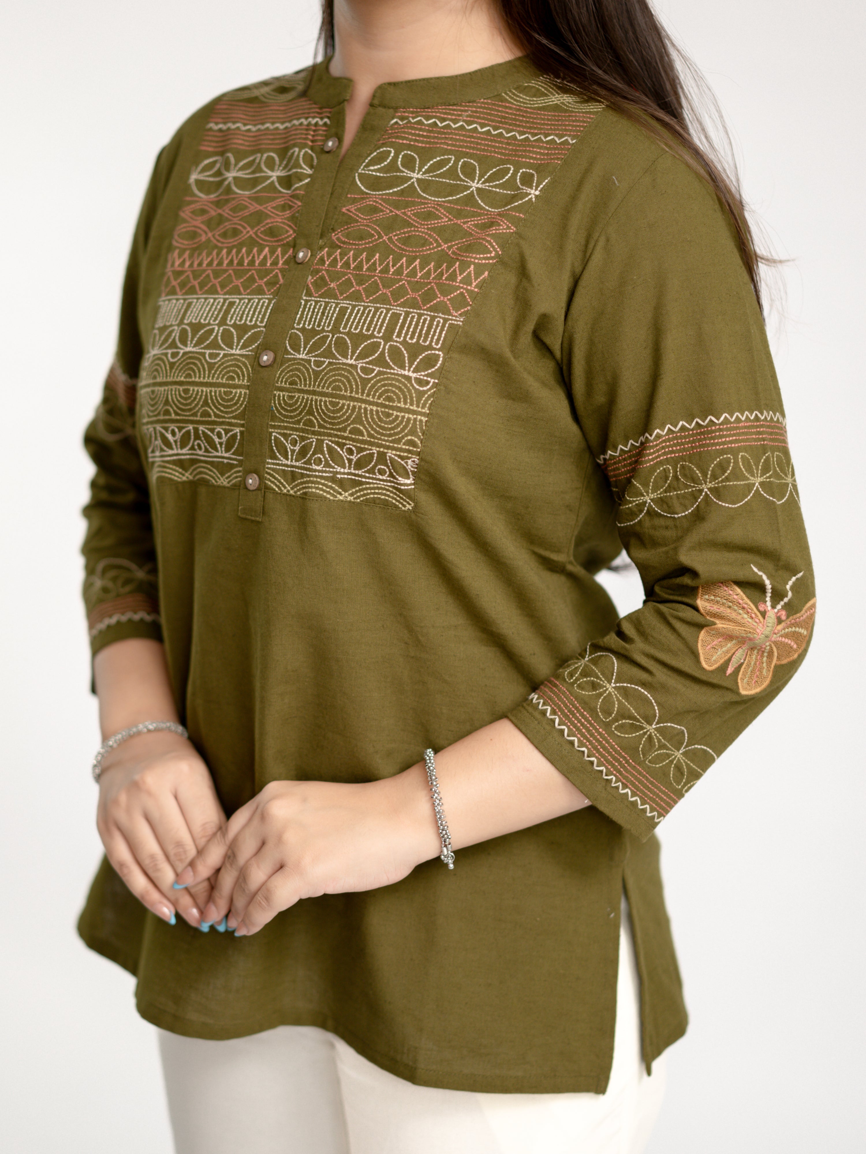 Karvi Green Cotton Embroidered Short Top