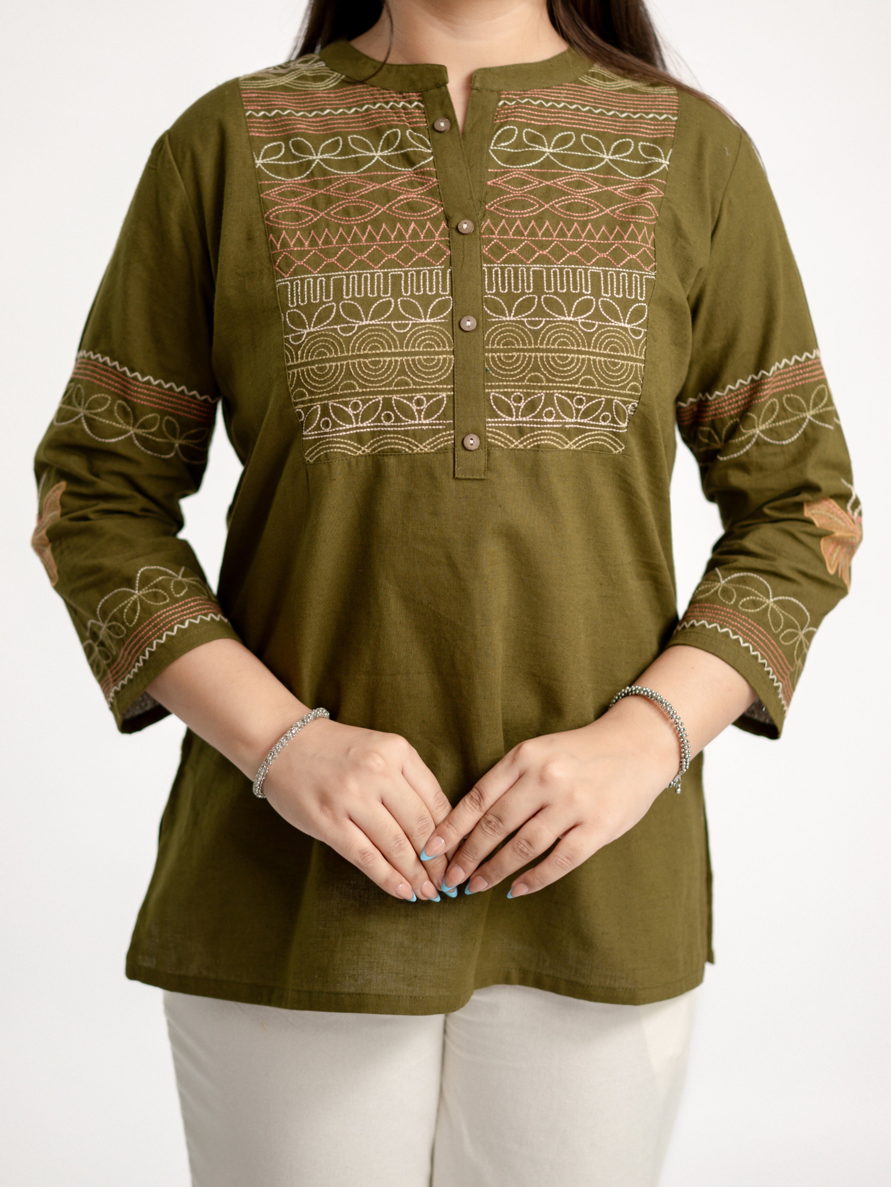 Karvi Green Cotton Embroidered Short Top