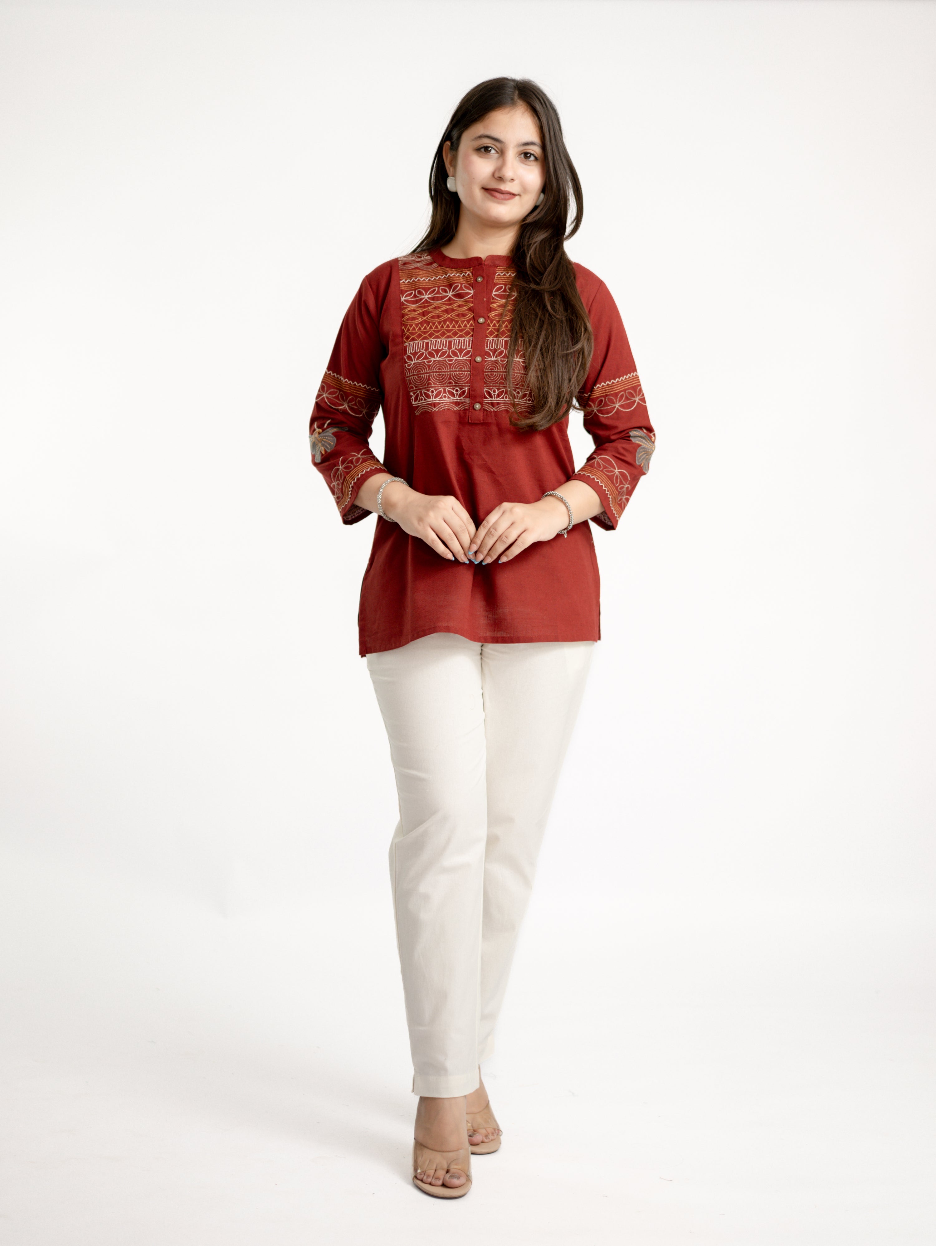 Karvi Rust Cotton Embroidered Short Top