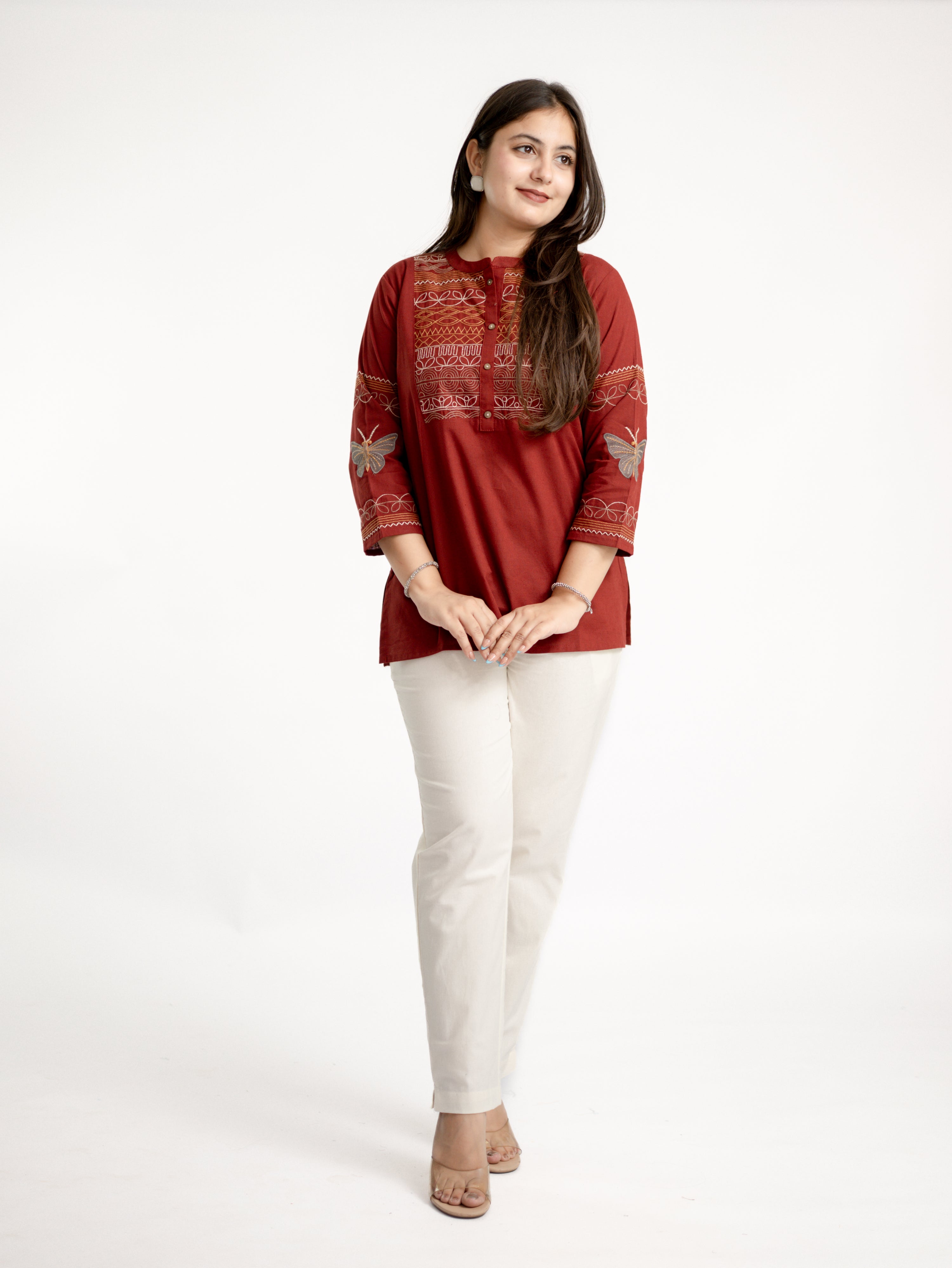 Karvi Rust Cotton Embroidered Short Top
