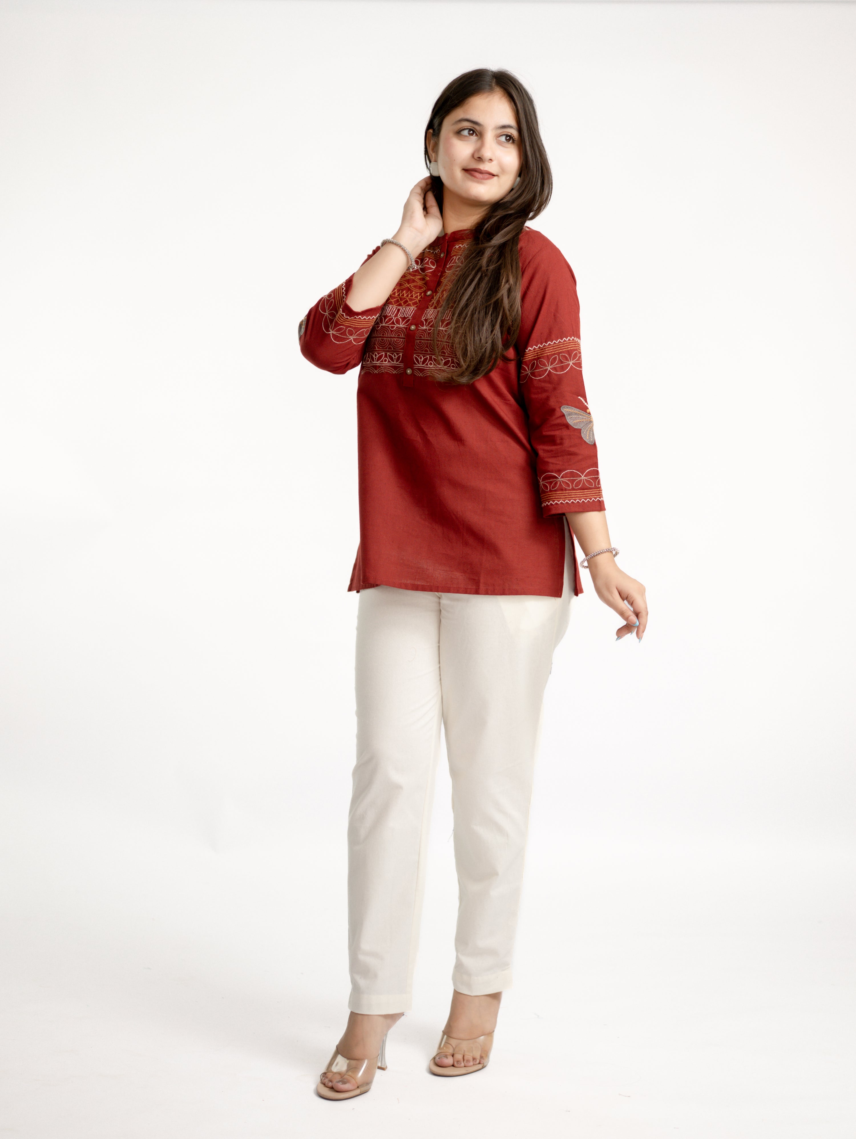 Karvi Rust Cotton Embroidered Short Top