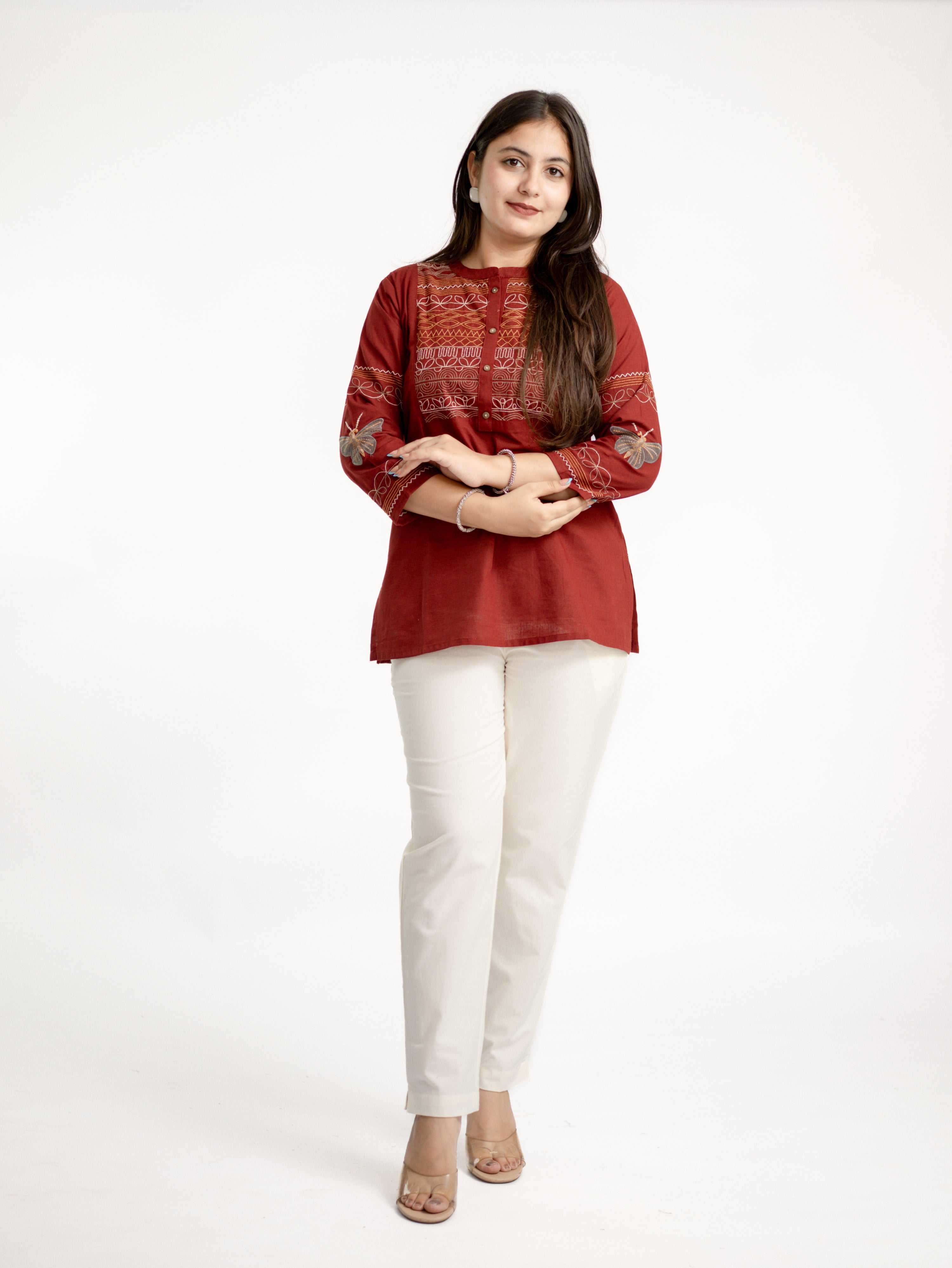 Karvi Rust Cotton Embroidered Short Top