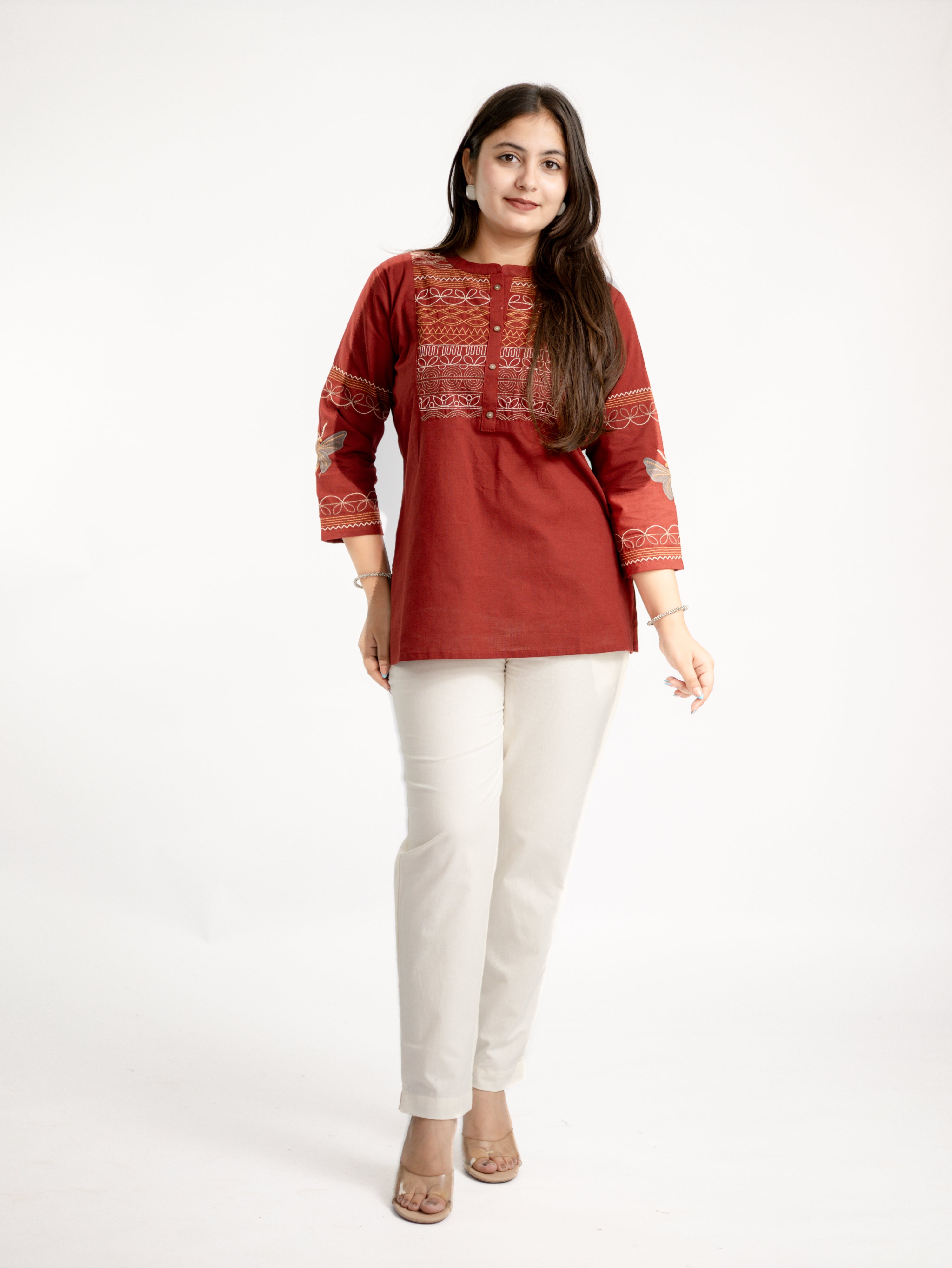 Karvi Rust Cotton Embroidered Short Top