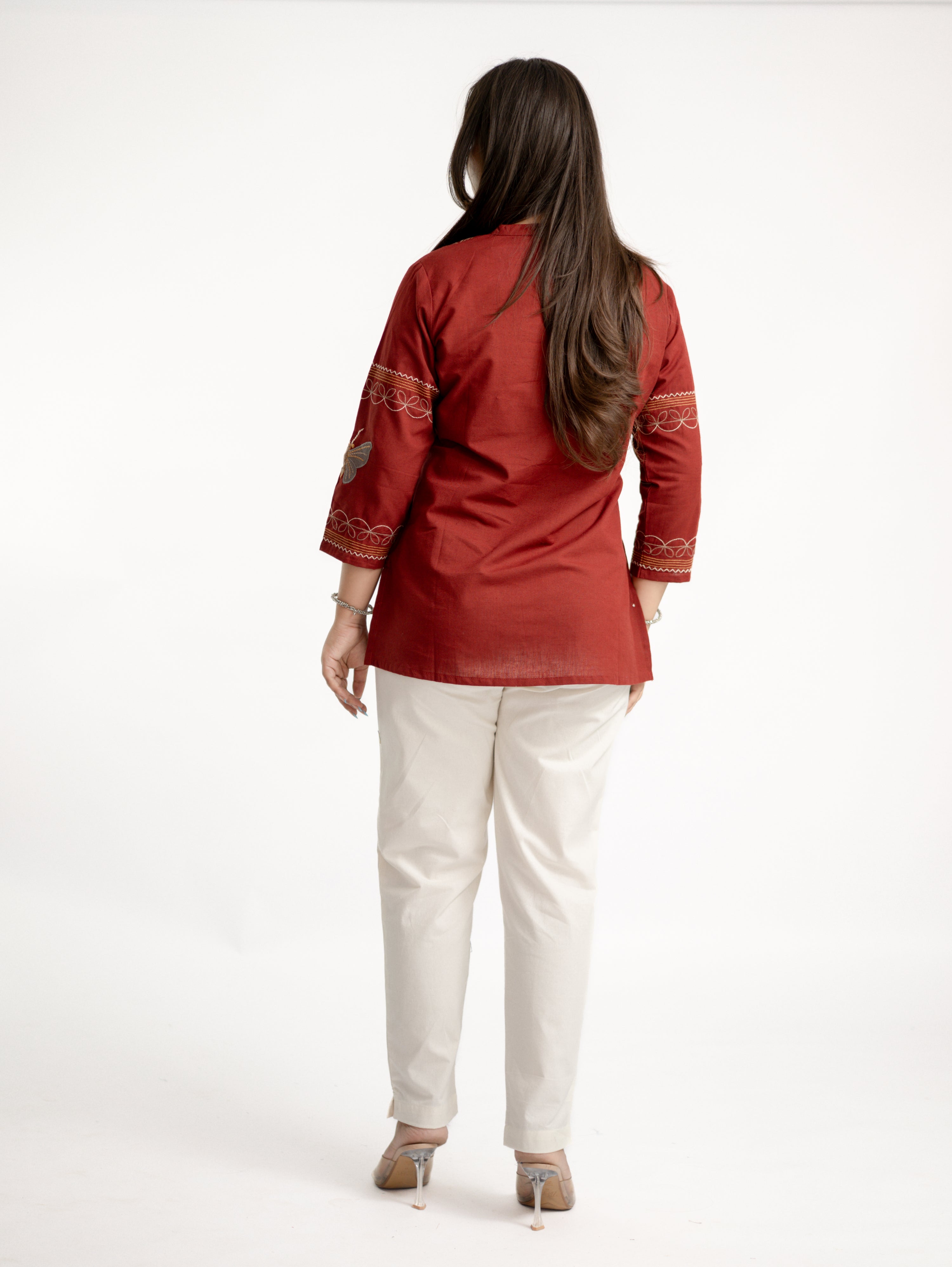 Karvi Rust Cotton Embroidered Short Top