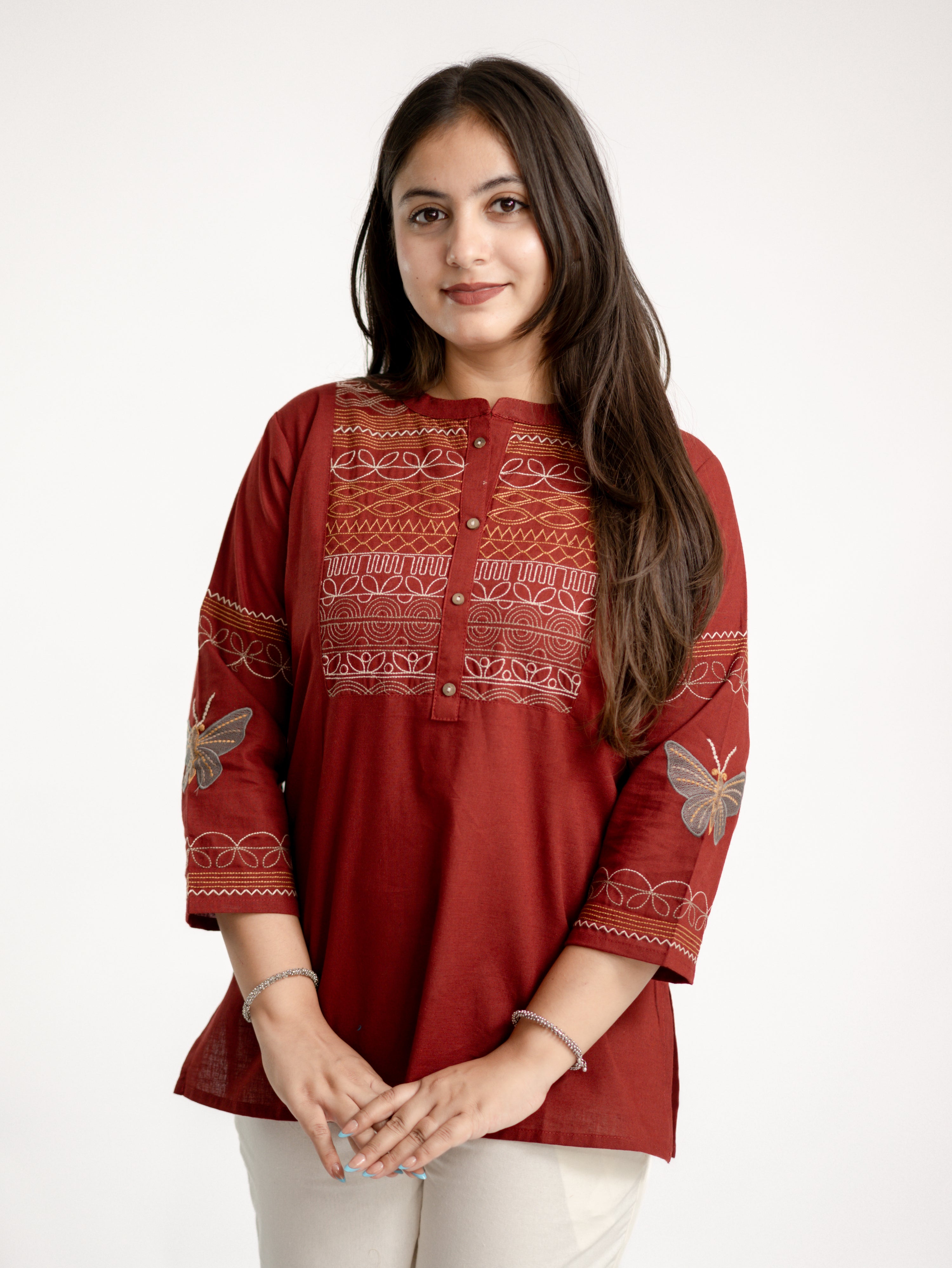 Karvi Rust Cotton Embroidered Short Top