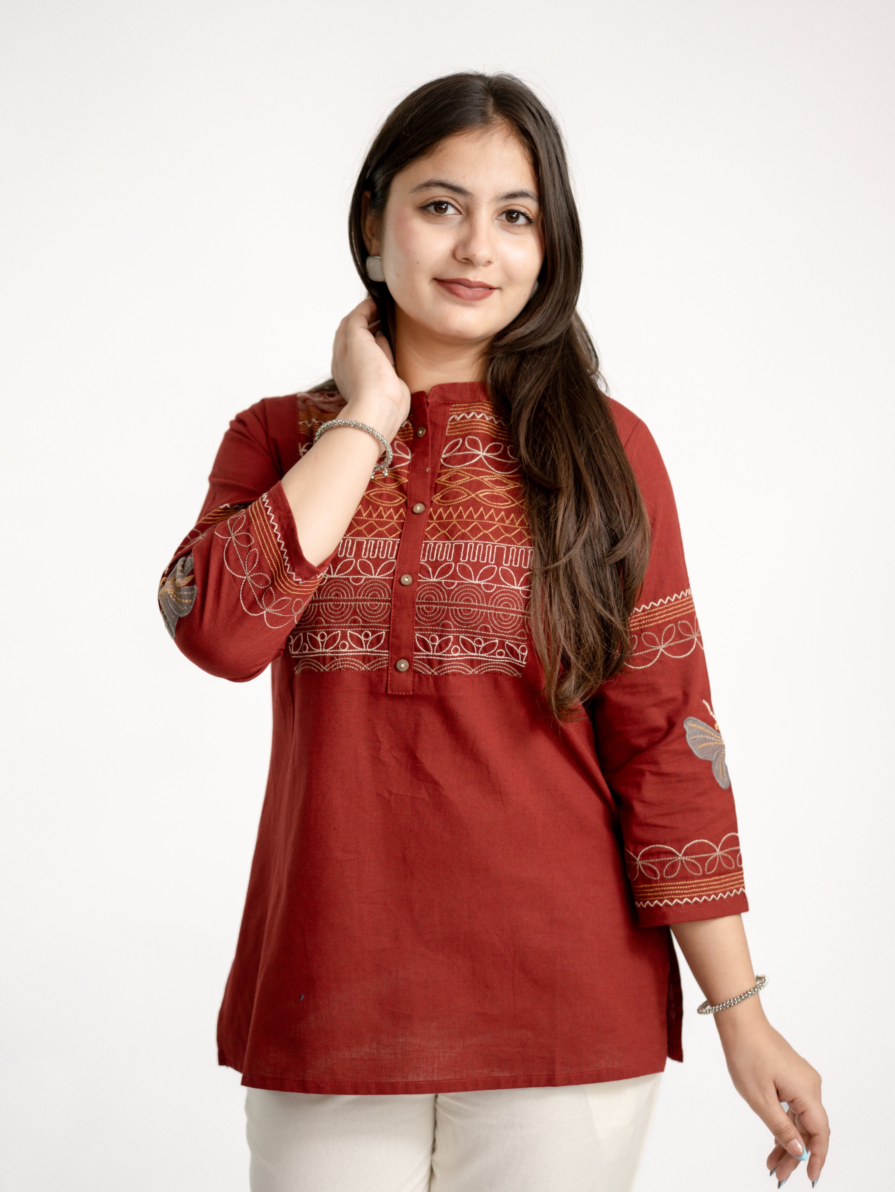 Karvi Rust Cotton Embroidered Short Top
