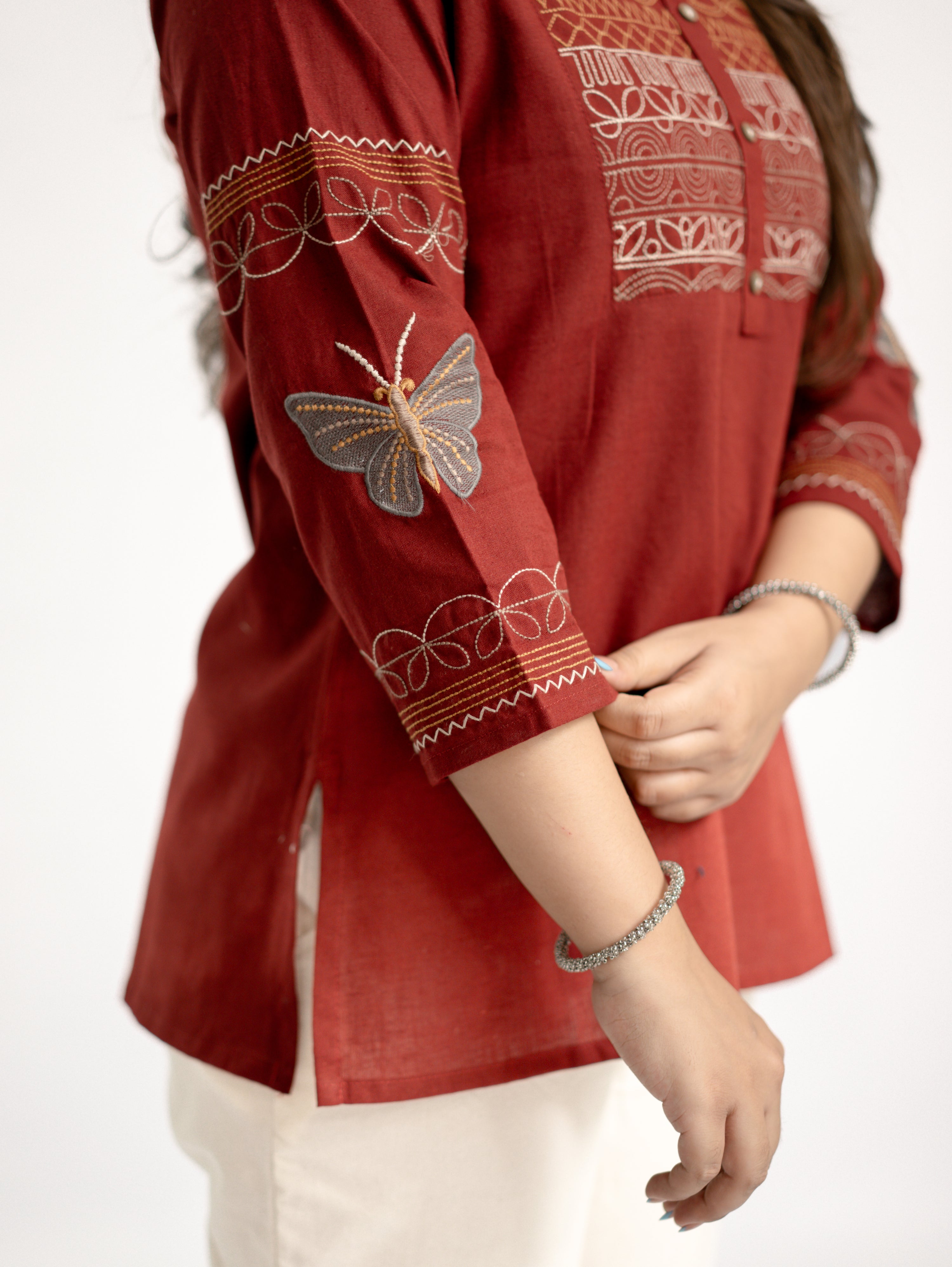 Karvi Rust Cotton Embroidered Short Top
