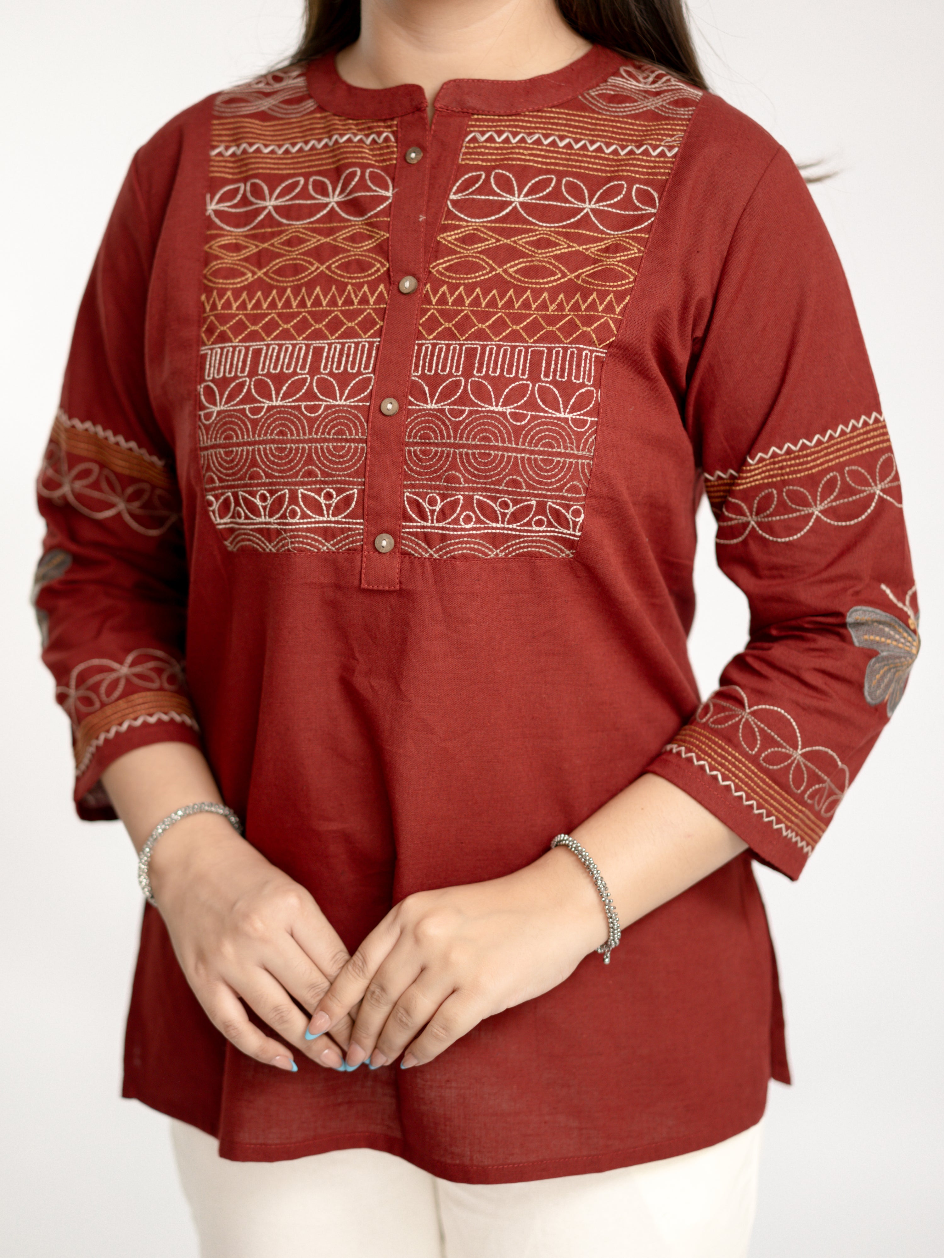 Karvi Rust Cotton Embroidered Short Top