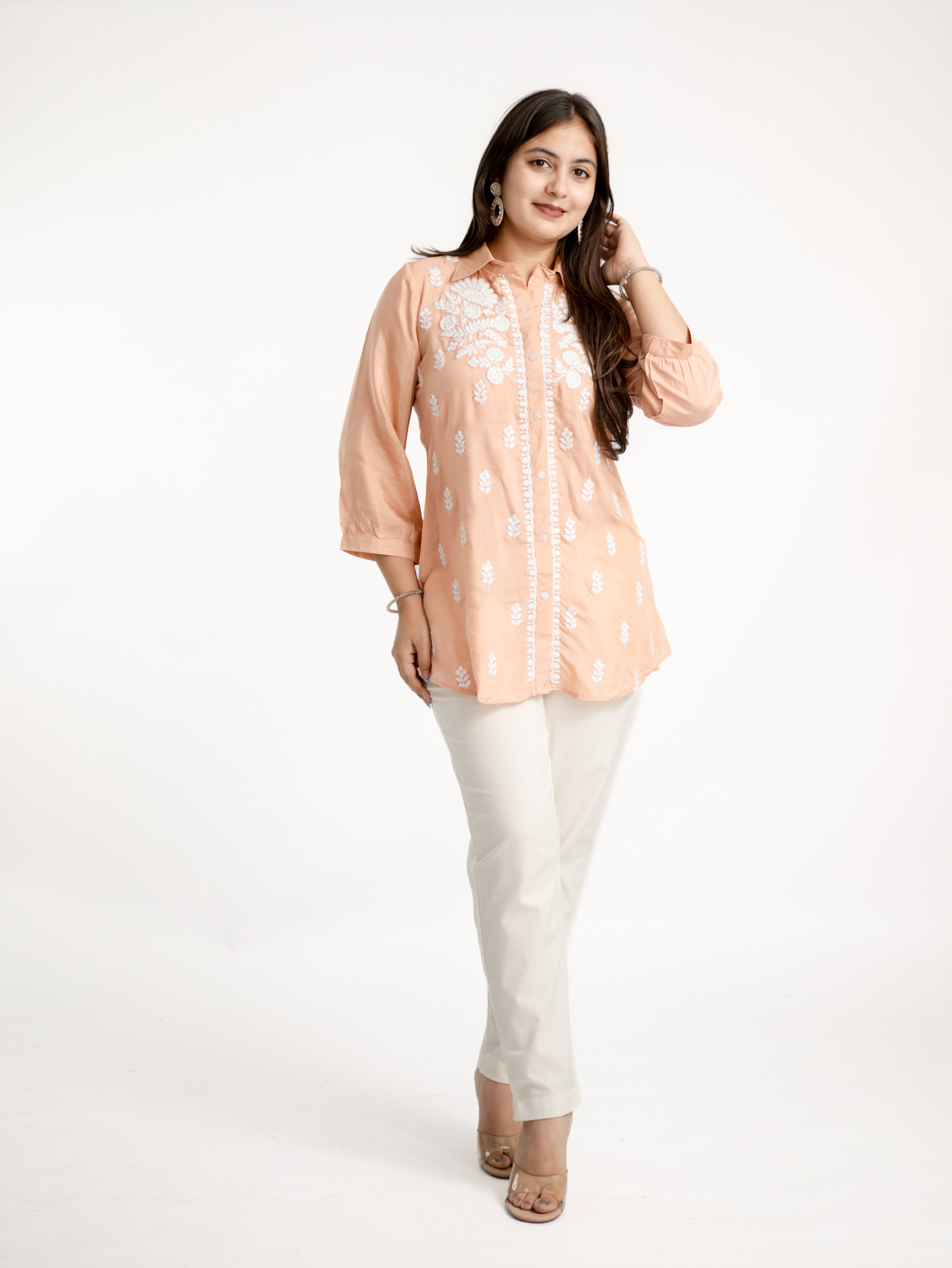 Sirya Peach Muslin Lucknowi Embroidered Short Top
