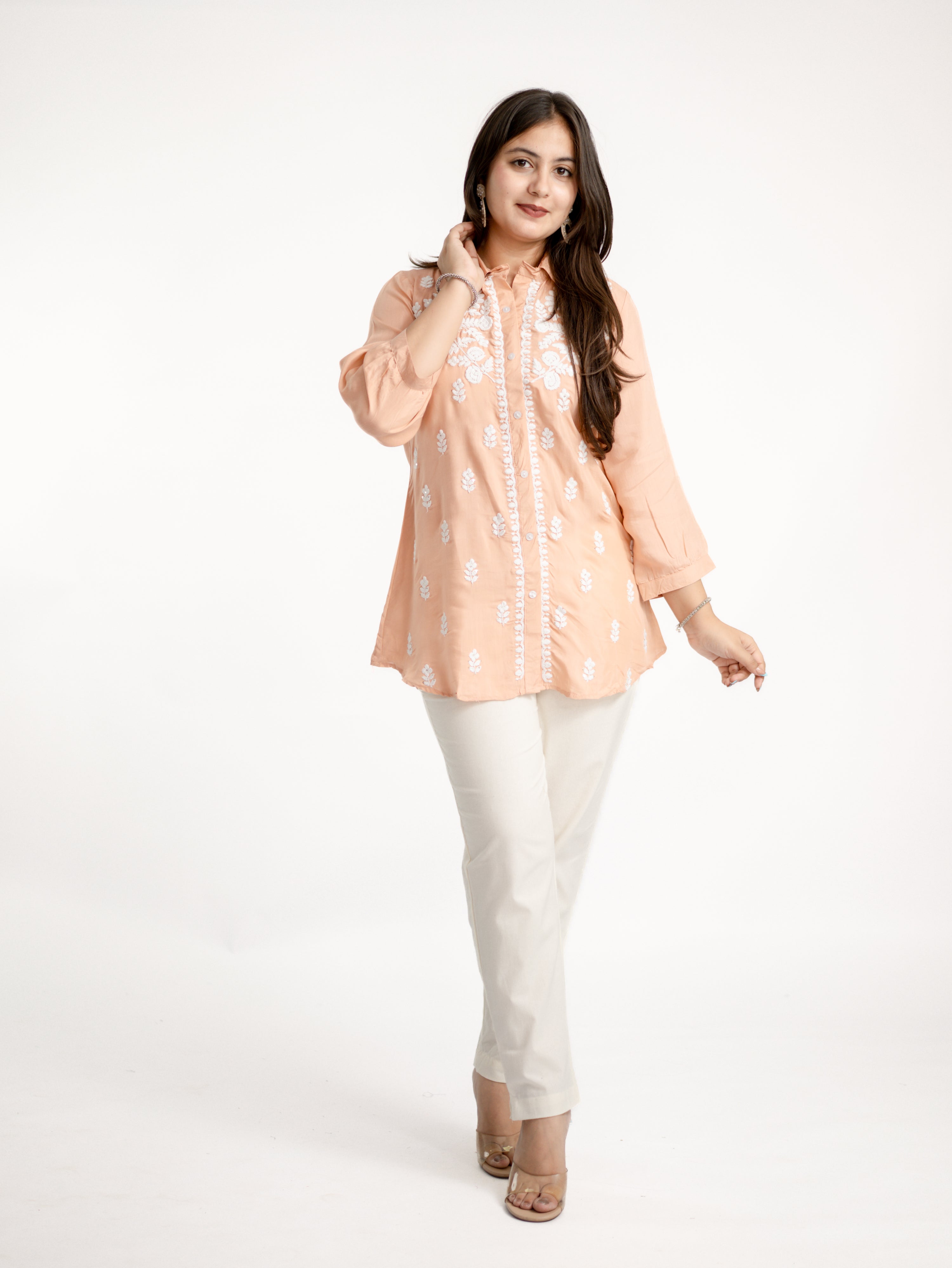 Sirya Peach Muslin Lucknowi Embroidered Short Top