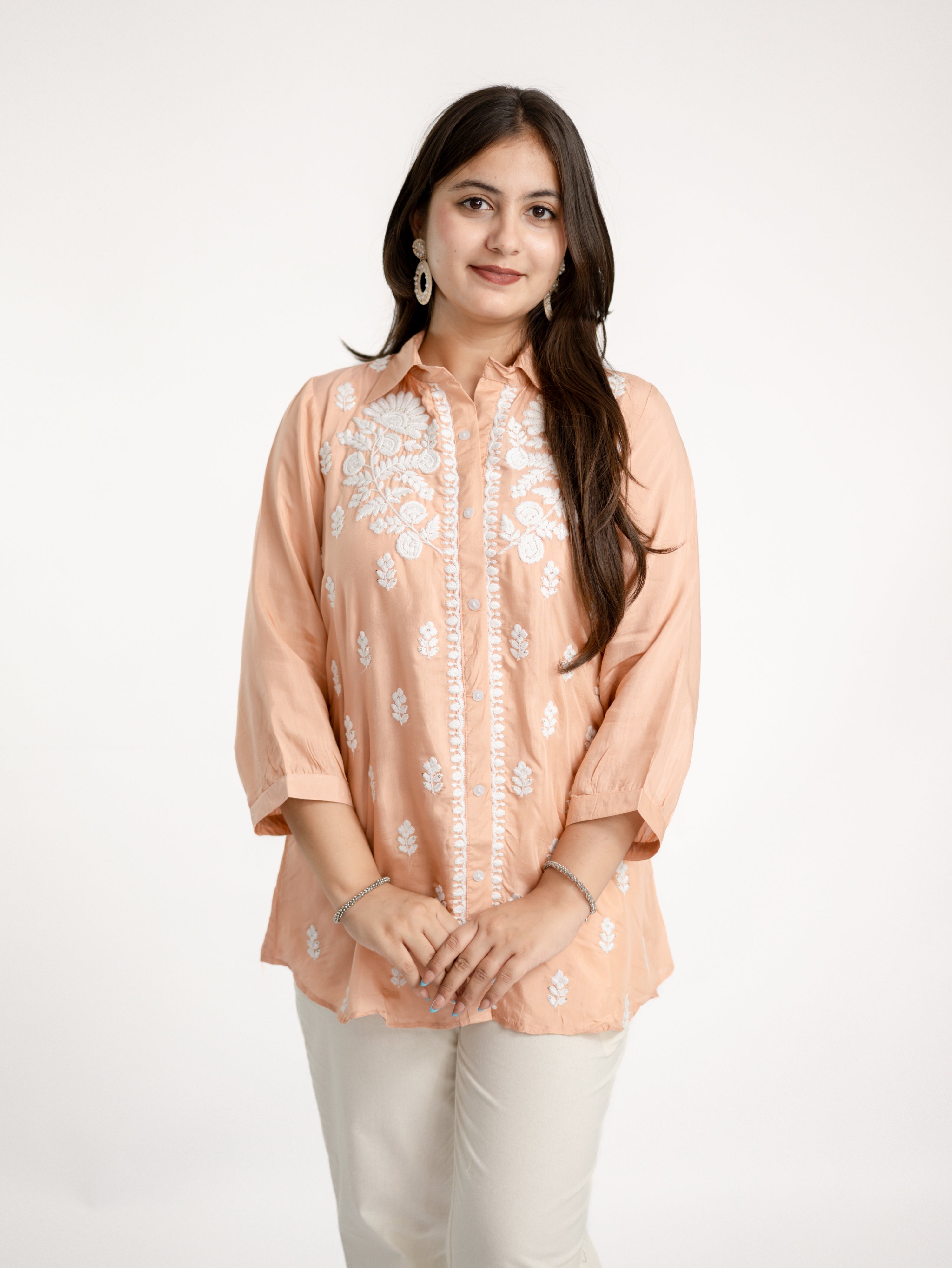 Sirya Peach Muslin Lucknowi Embroidered Short Top