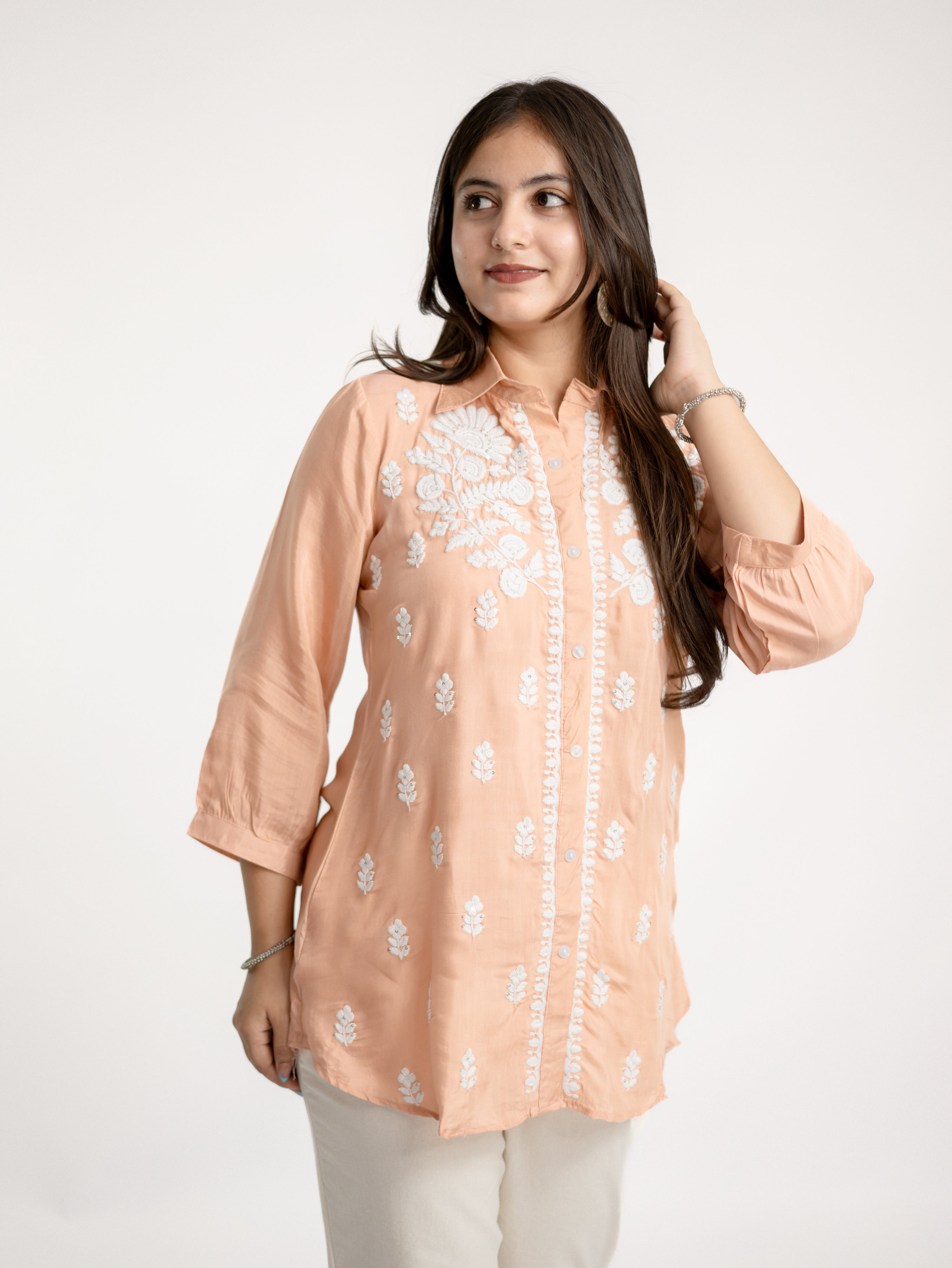 Sirya Peach Muslin Lucknowi Embroidered Short Top