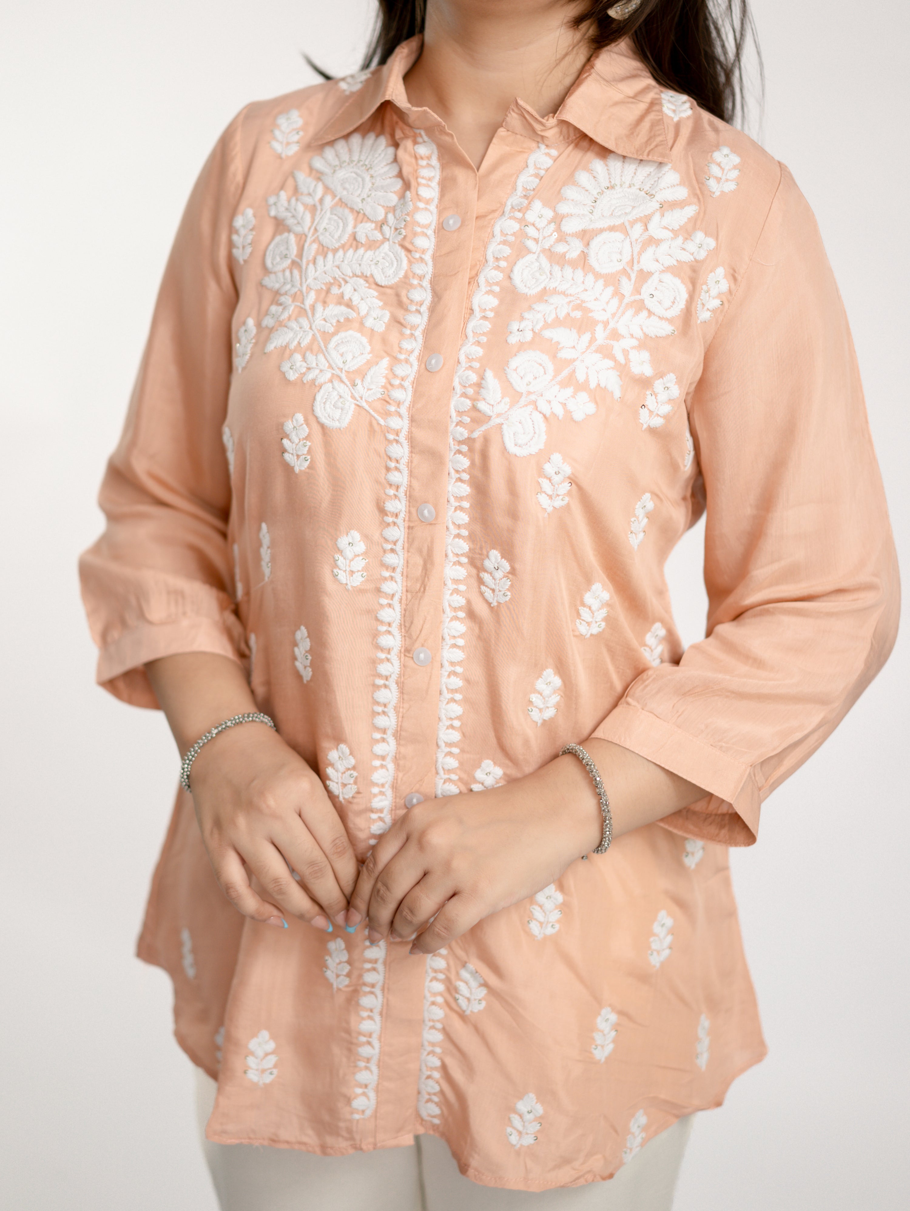 Sirya Peach Muslin Lucknowi Embroidered Short Top